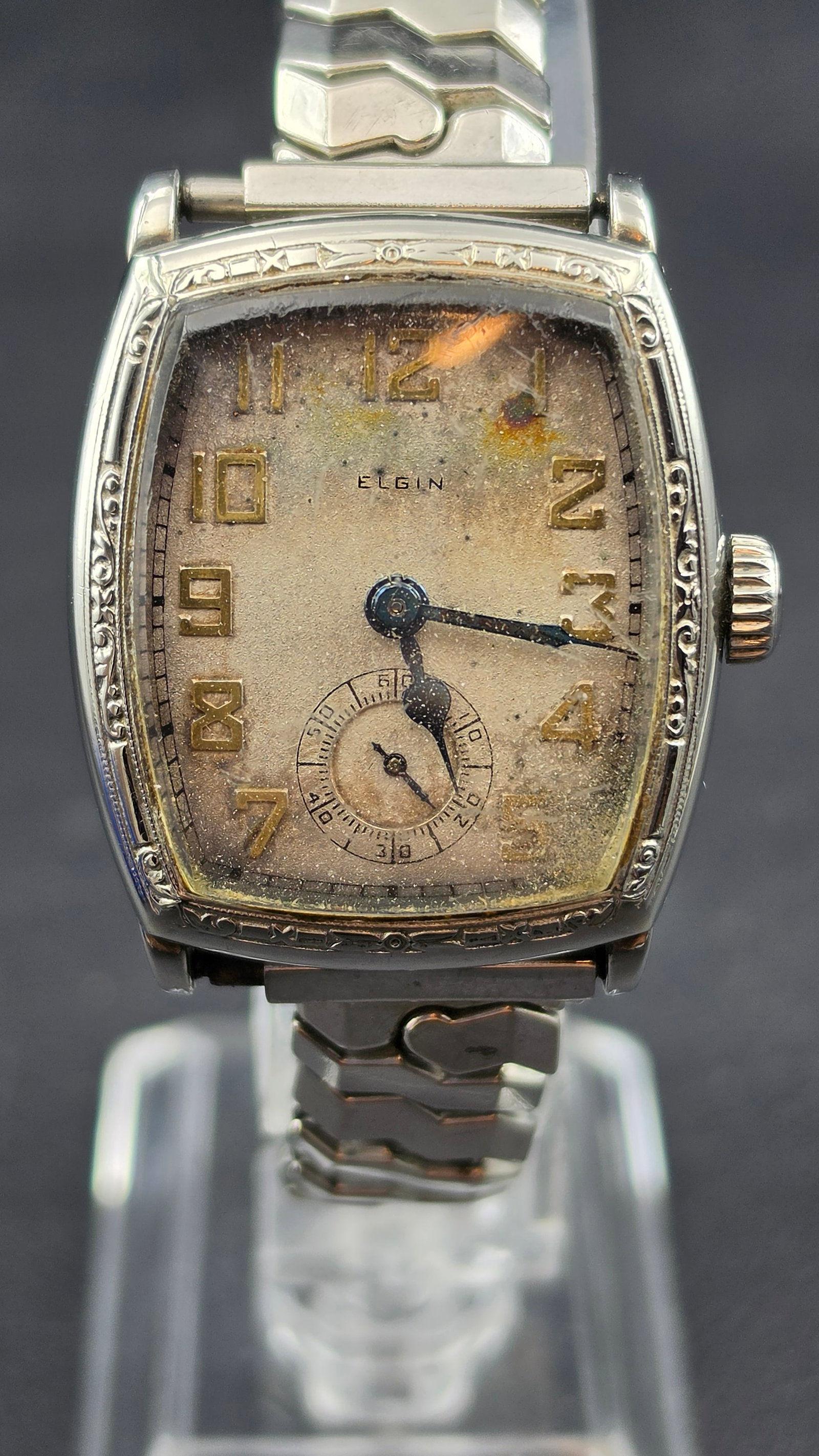 1930 Elgin Grade 485 4/0s 7J 14K White Gold Filled Star Case Engraved Tonneau 29mm: This is an Elgin National Watch Company wristwatch dating to approximately 1930, built on a Grade 485, Model 1 movement, serial number 32453210, produced in Elgin, Illinois in a run of 22,000 pieces, 