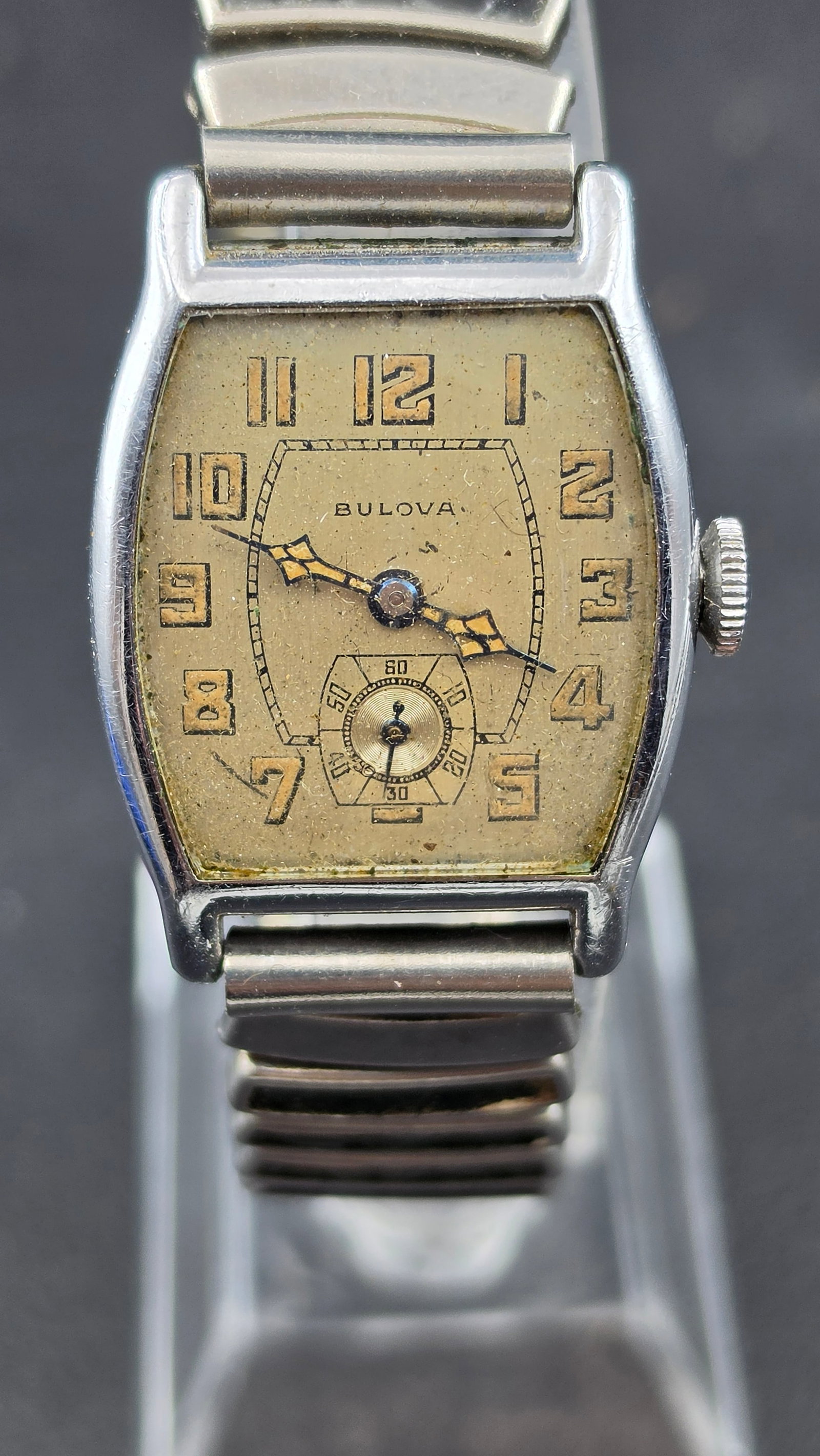 1930s Bulova 10AN 14K Rolled Gold Plate Engraved Tonneau 26mm Art Deco Two-Tone Dial Moore Bracelet (1 of 11)