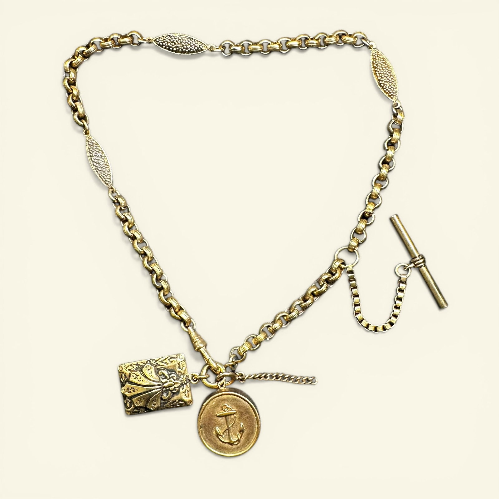 44g Antique Gold-toned Pocket Watch Chain w/ Anchor Compass & Locket Charm (1 of 10)
