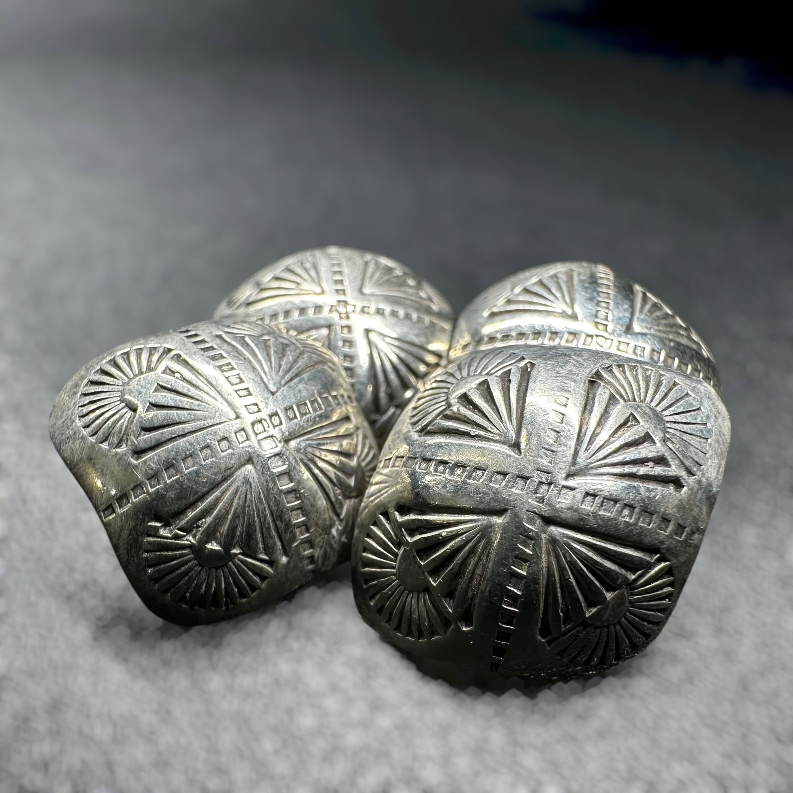 5g Native American Stamped Sterling Silver Concho Button Lot: 5g Native American Stamped Sterling Silver Concho Button Lot:Brand/Model: No hallmark.Manufacturer Location: Not marked.Year Produced: Unknown.Condition: Good condition with surface wear, light scratc