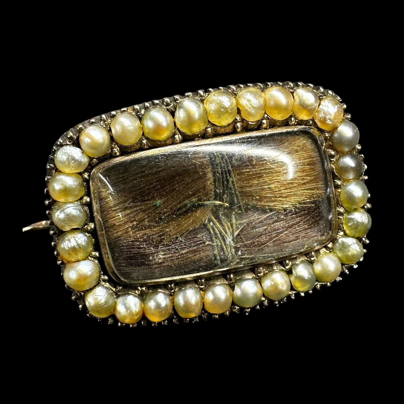 3g Antique 9k Gold Seed Pearl Victorian "Hairwork" Mourning Locket Brooch (1 of 7)