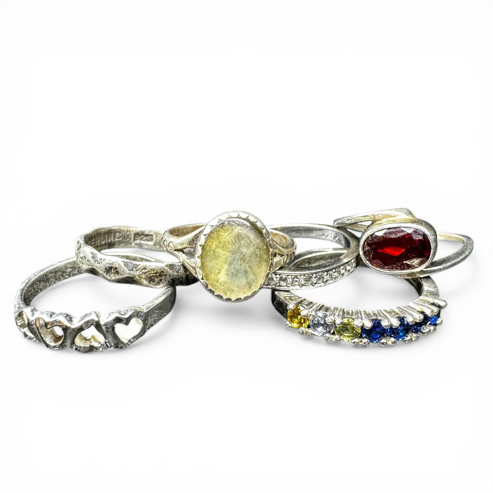 Sz5.5–8/13g 925 Sterling Silver Hearts, CZ, Rhinestones, & Garnet Ring Lot (1 of 16)