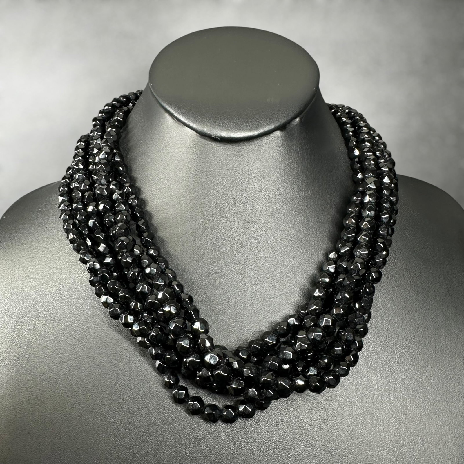 14"/166g Multi Strand Czech Black Glass Rhinestone Panther Necklace: 14"/166g Multi Strand Czech Black Glass Rhinestone Panther Necklace:Brand/Model: No hallmark.Manufacturer Location: Not marked.Year Produced: Unknown.Condition: Good condition with light surface wear.