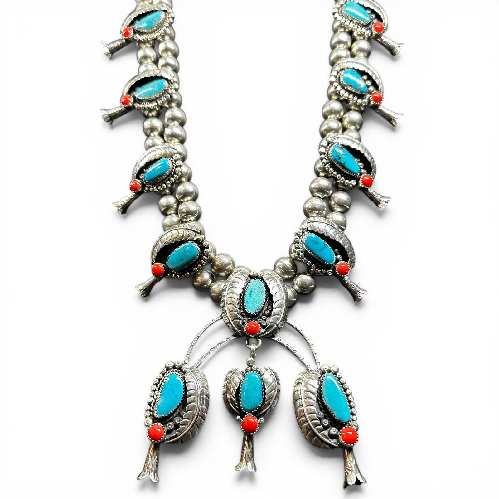 26”/271g Native American Navajo Kingman Turquoise Coral Squash Blossom Necklace (1 of 15)