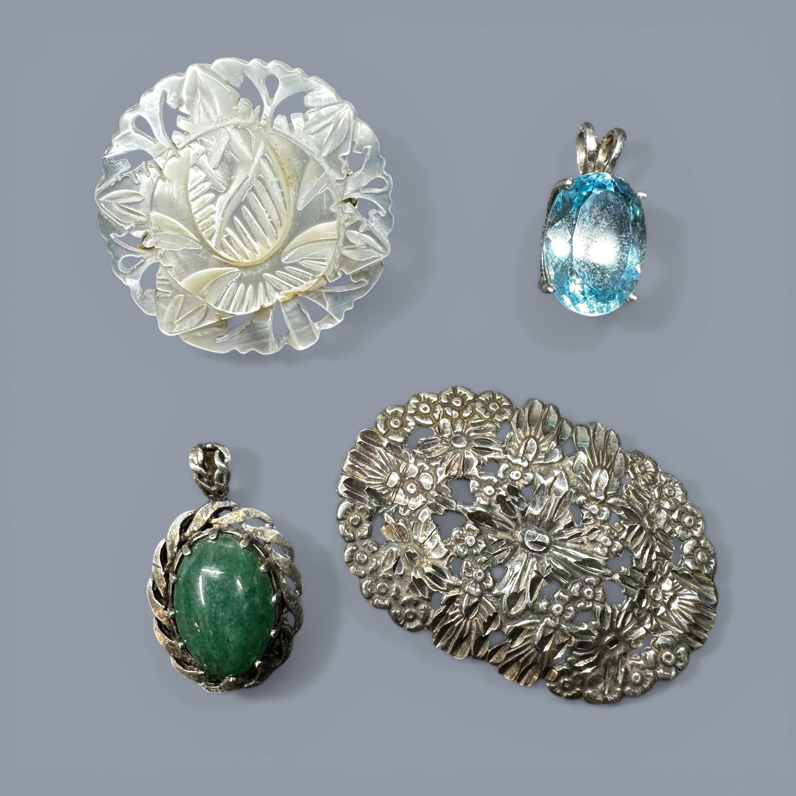 17g 925 Sterling Silver Mother of Pearl Jadeite Faceted Blue Glass Jewelry Lot (1 of 12)