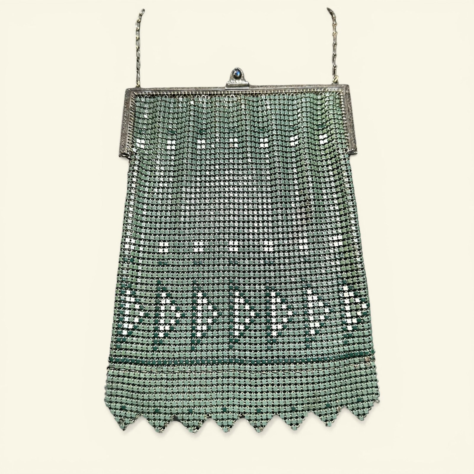 146g Vintage Whiting & Davis Co. Silver Enamel Olive Green Mesh Metal Evening Purse (1 of 13)