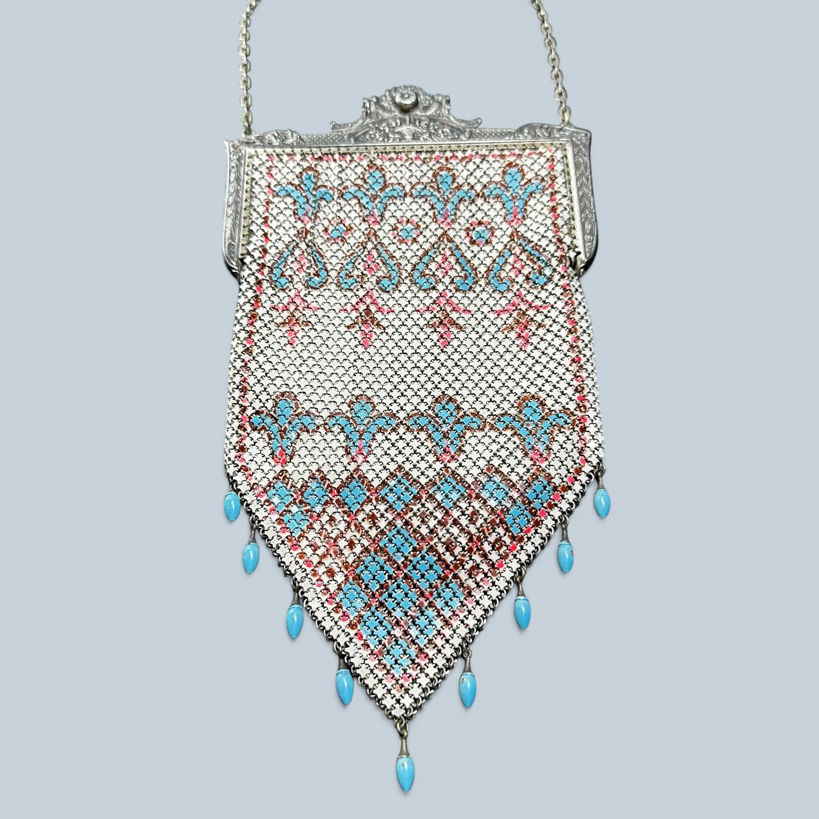 155g Mandalian MFG. Co. Silver Enamel Mesh Metal Purse: (1 of 11)