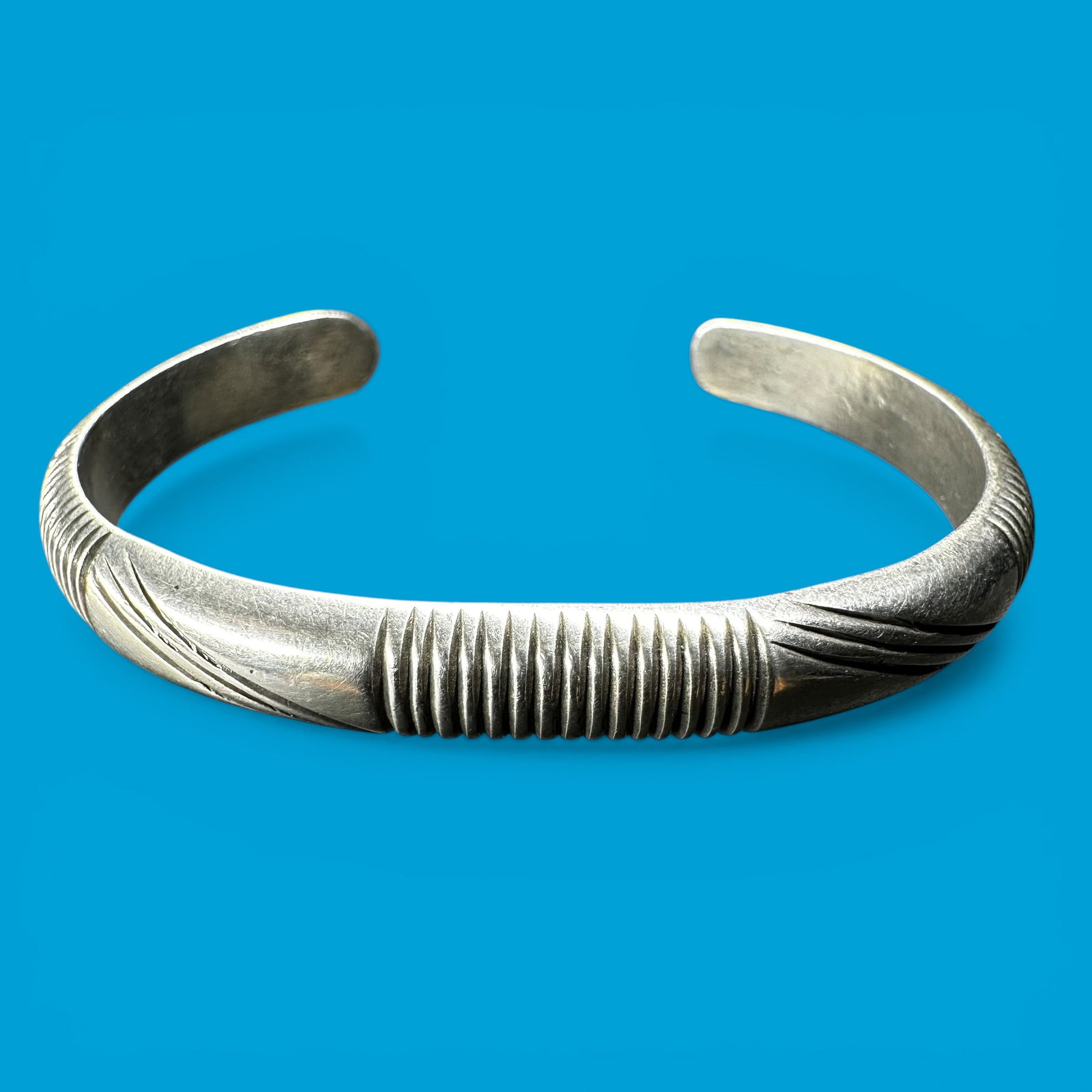 7”/28g Native American Sterling Silver Ribbed Cuff Bracelet (1 of 9)