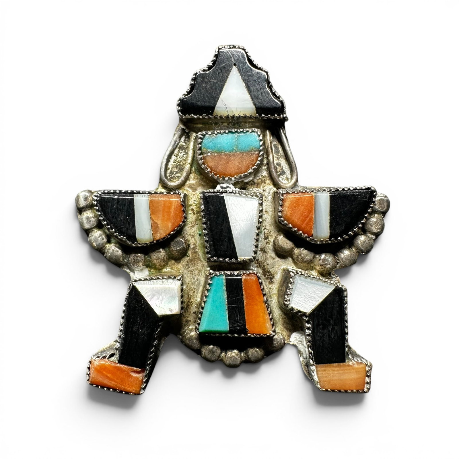5g Native American Sterling Silver Multi-Stone Inlay Brooch: 5g Native American Sterling Silver Multi-Stone Inlay Brooch:Brand/Model: No hallmark.Manufacturer Location: unmarked.Year Produced: Unknown.Condition: Good condition with surface wear, scratches, and 
