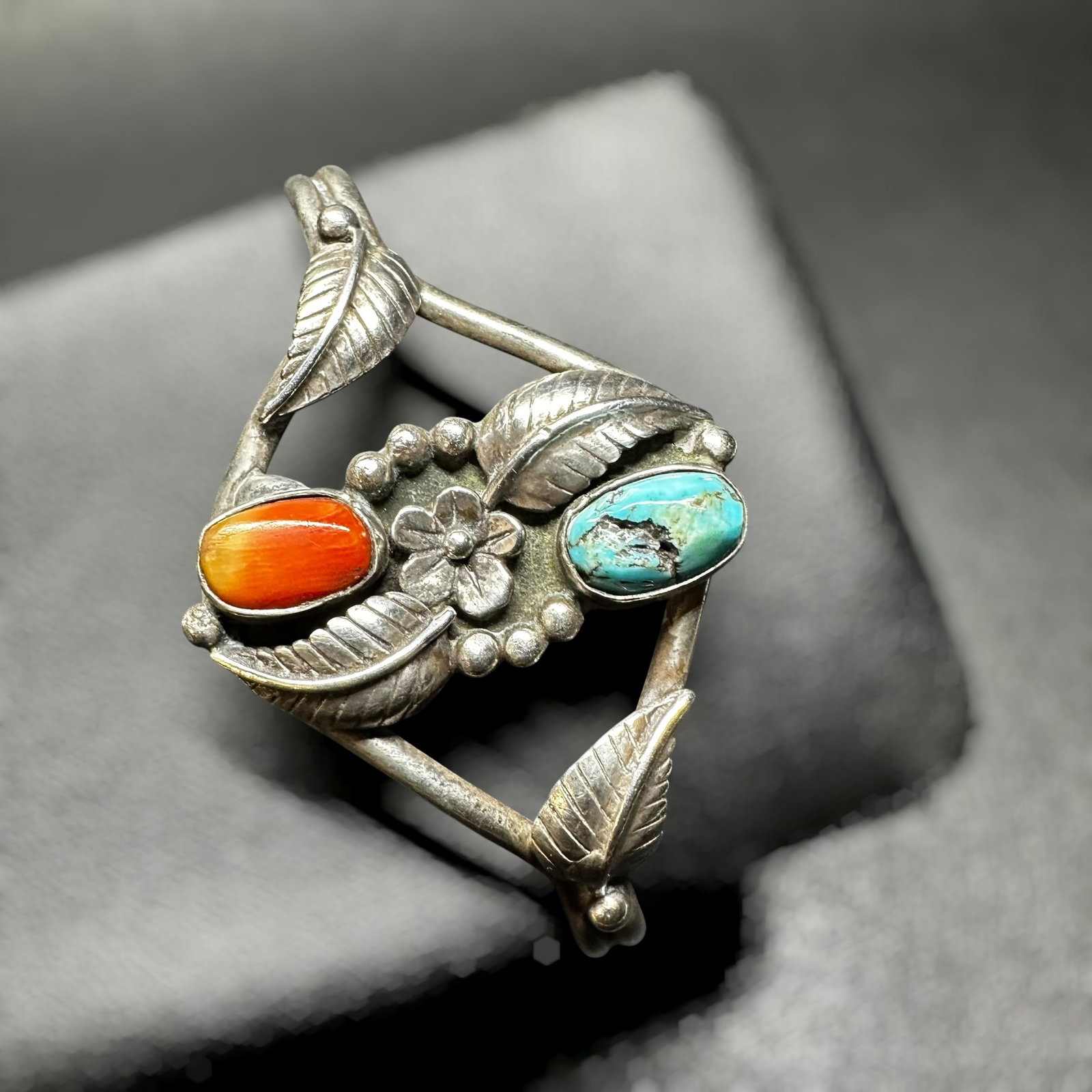 6.5”/16g Native American Coral & Turquoise Sterling Silver Cuff (1 of 12)