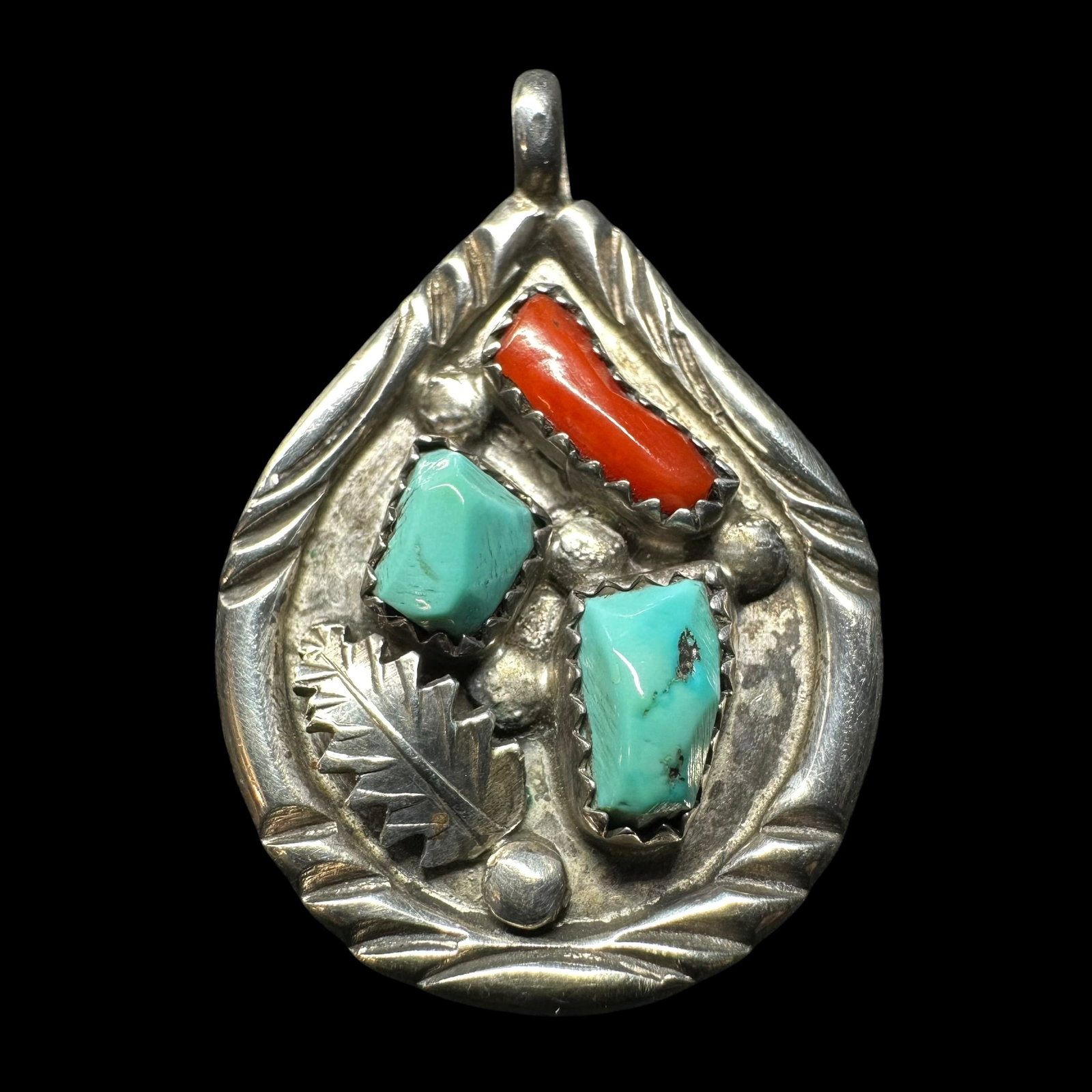 6g Native American Zuni Wayne Cheama Sterling Silver Coral & Turquoise Pendant (1 of 8)