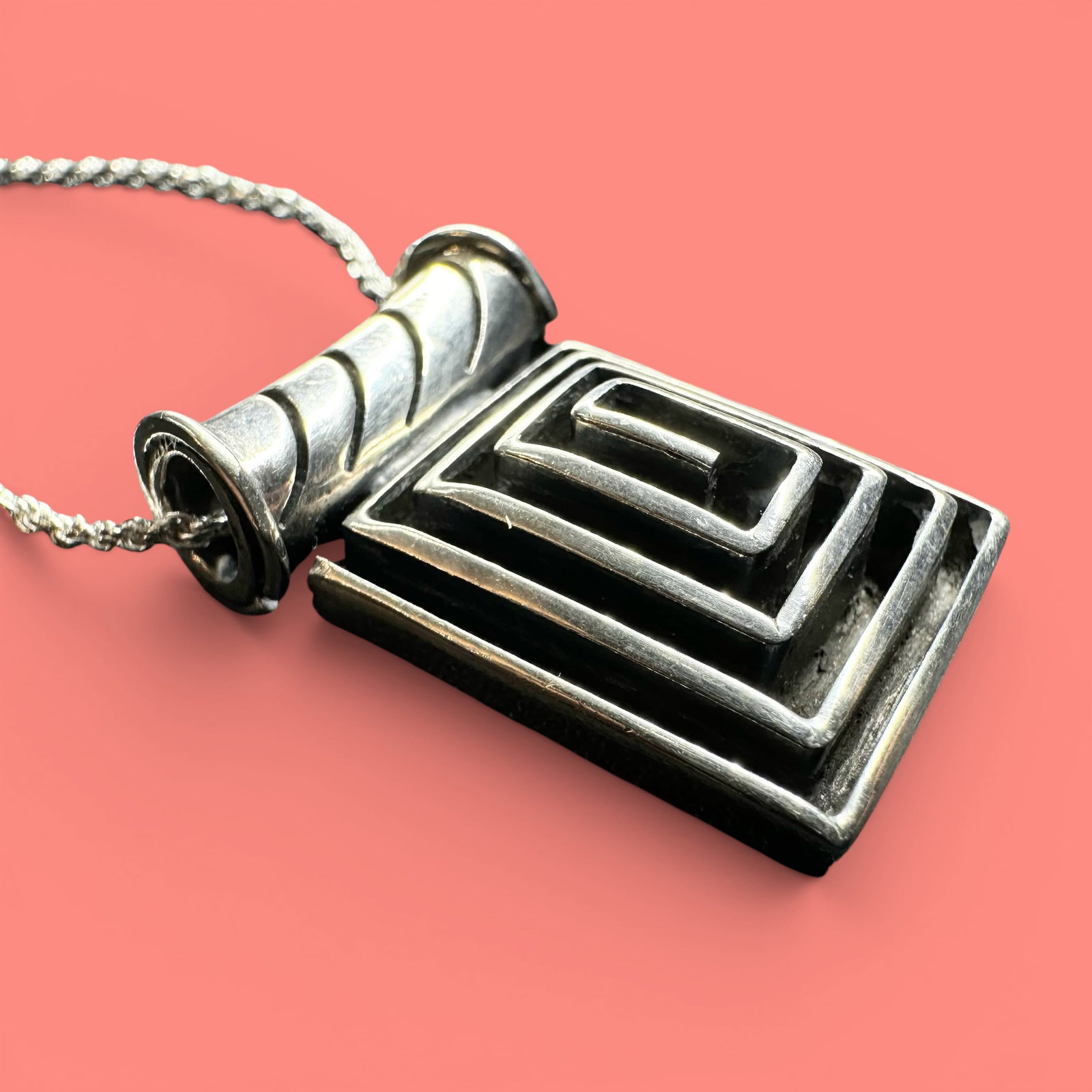 18”/18g Taxco Mexico 925 Sterling Silver Geometric Pendant Necklace: 18”/18g Taxco Mexico 925 Sterling Silver Geometric Pendant Necklace:Brand/Model: Hallmarked; “DDD.” Manufacturer Location: Pendant: Mexico. Chain: Italy.Year Produced: Unknown.Condition: