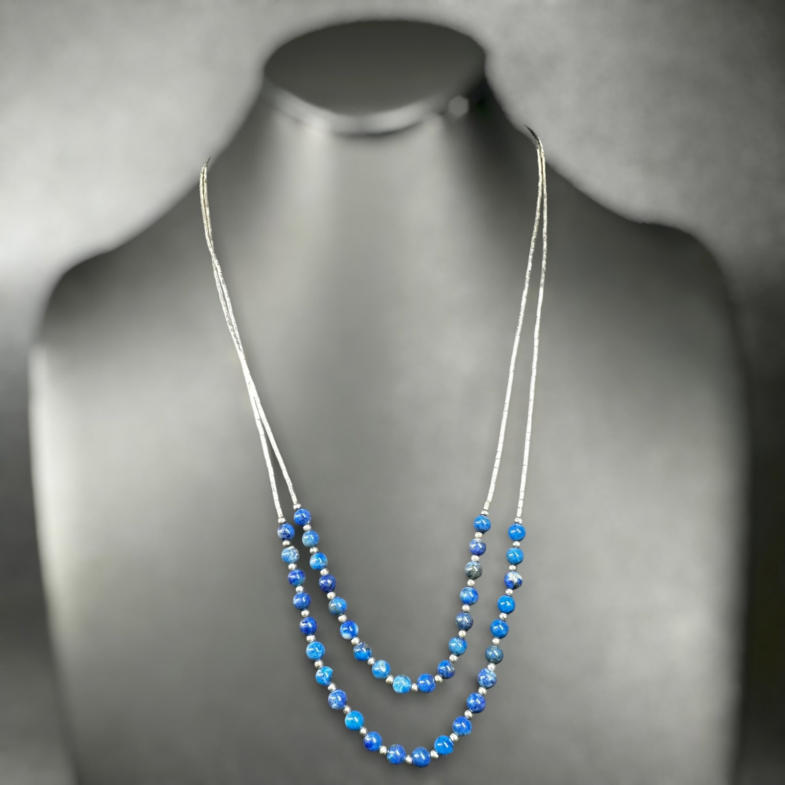 19”/11g Native American Liquid Sterling Silver & Lapis Bead Necklace (1 of 8)