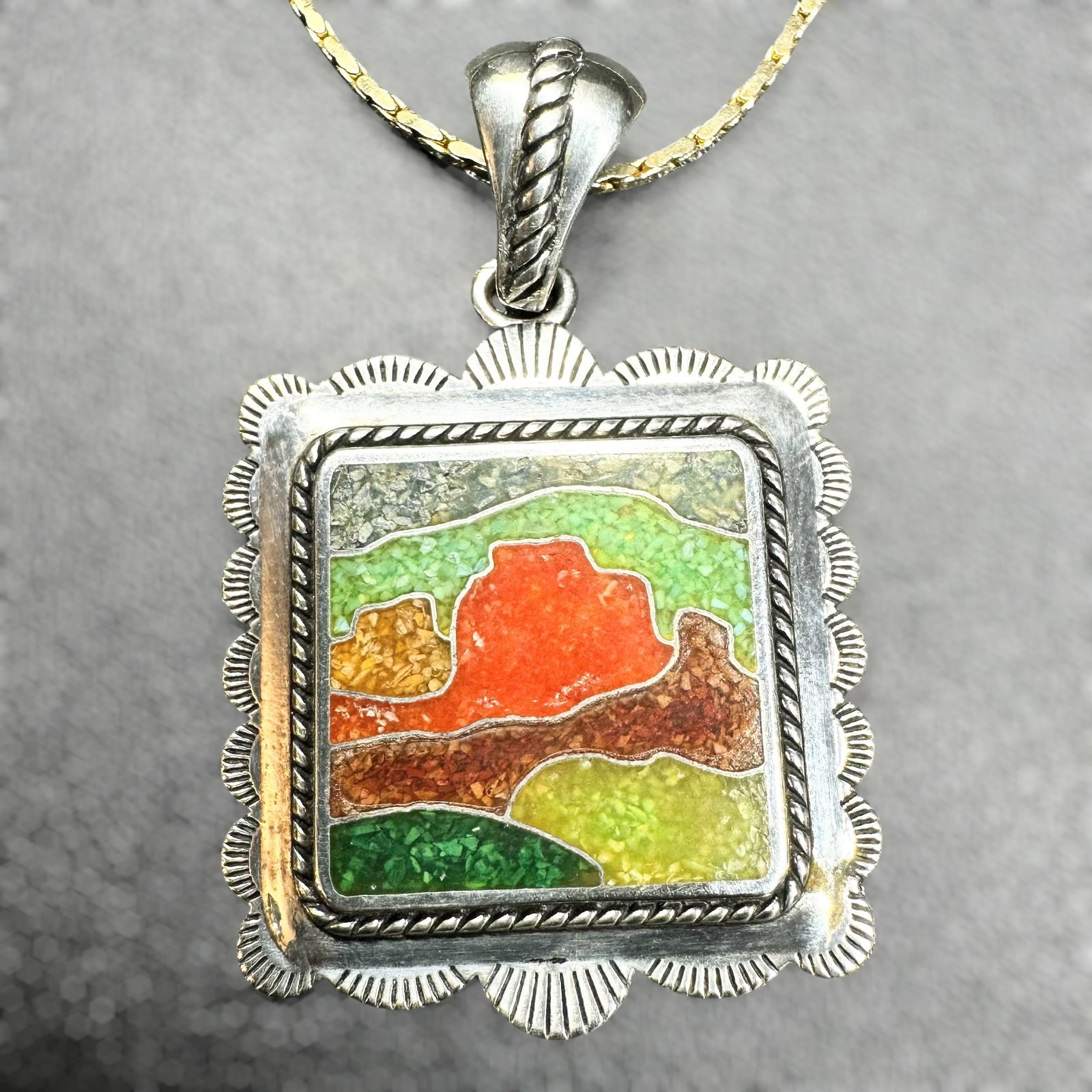 22”/17g Native American Stamped Sterling Silver Multi-Stone Inlay Pendant Necklace: 22”/17g Native American Stamped Sterling Silver Multi-Stone Inlay Pendant Necklace:Brand/Model: No hallmark.Manufacturer Location: Unmarked.Year Produced: Unknown.Condition: Good condition with 