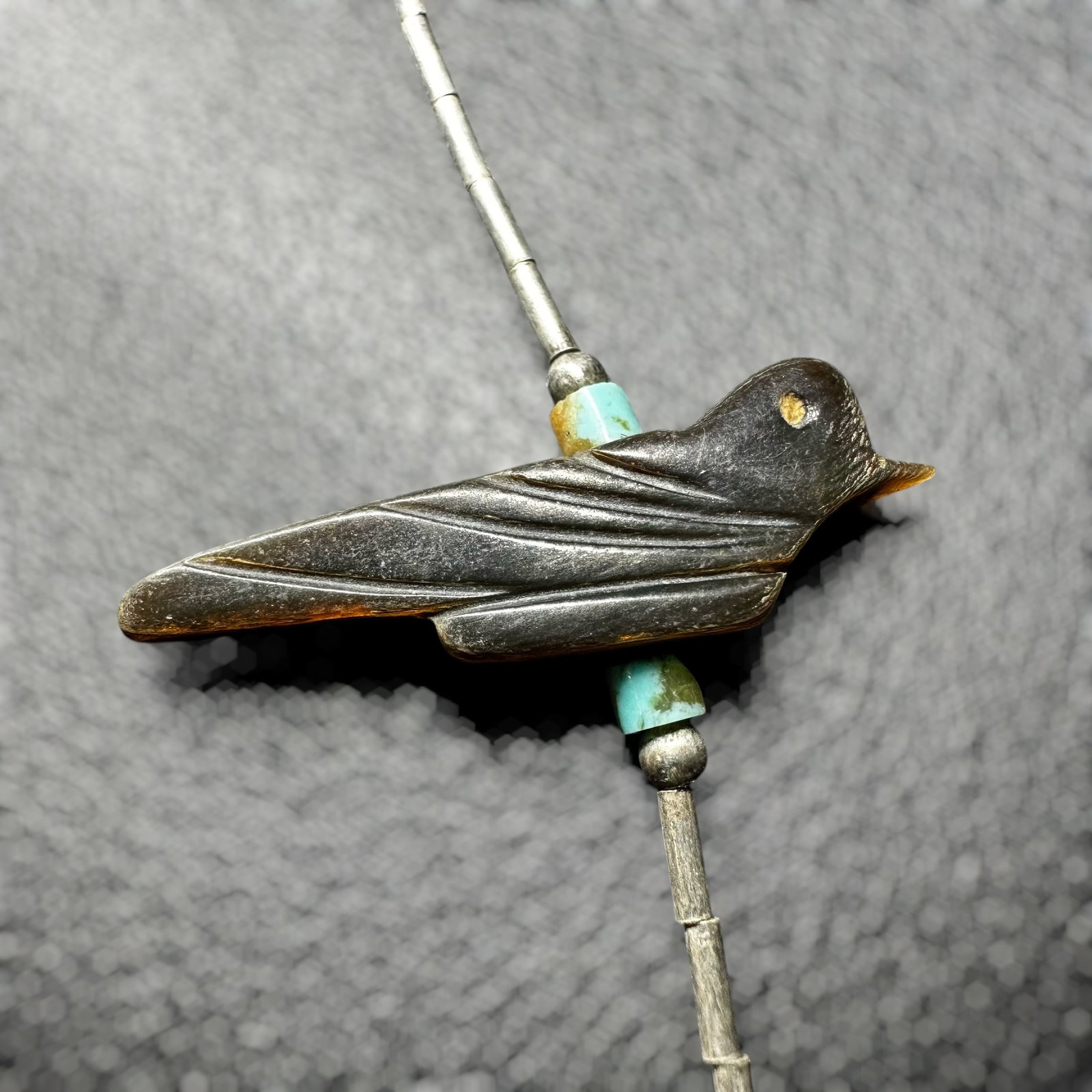 12”/4g Native American Liquid Sterling Silver Royston Turquoise Bird Fetish Necklace (1 of 8)