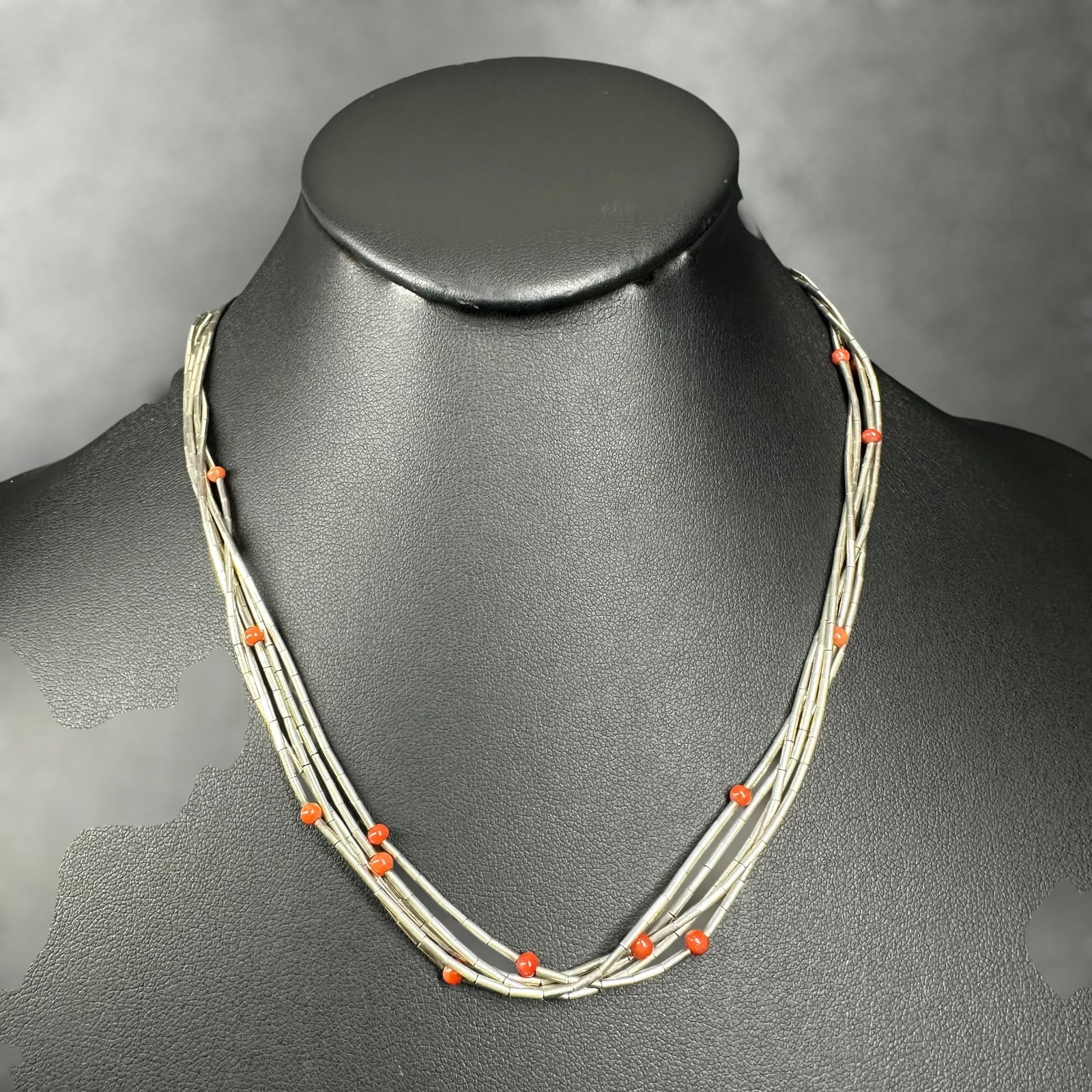 Native American Liquid Sterling Silver Coral Bead Necklace (1 of 8)
