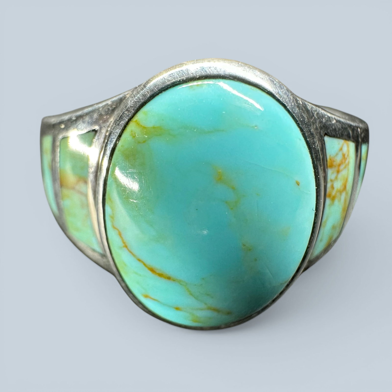 Sz9.75/7g 925 Sterling Silver Royston Turquoise Inlay Ring (1 of 9)