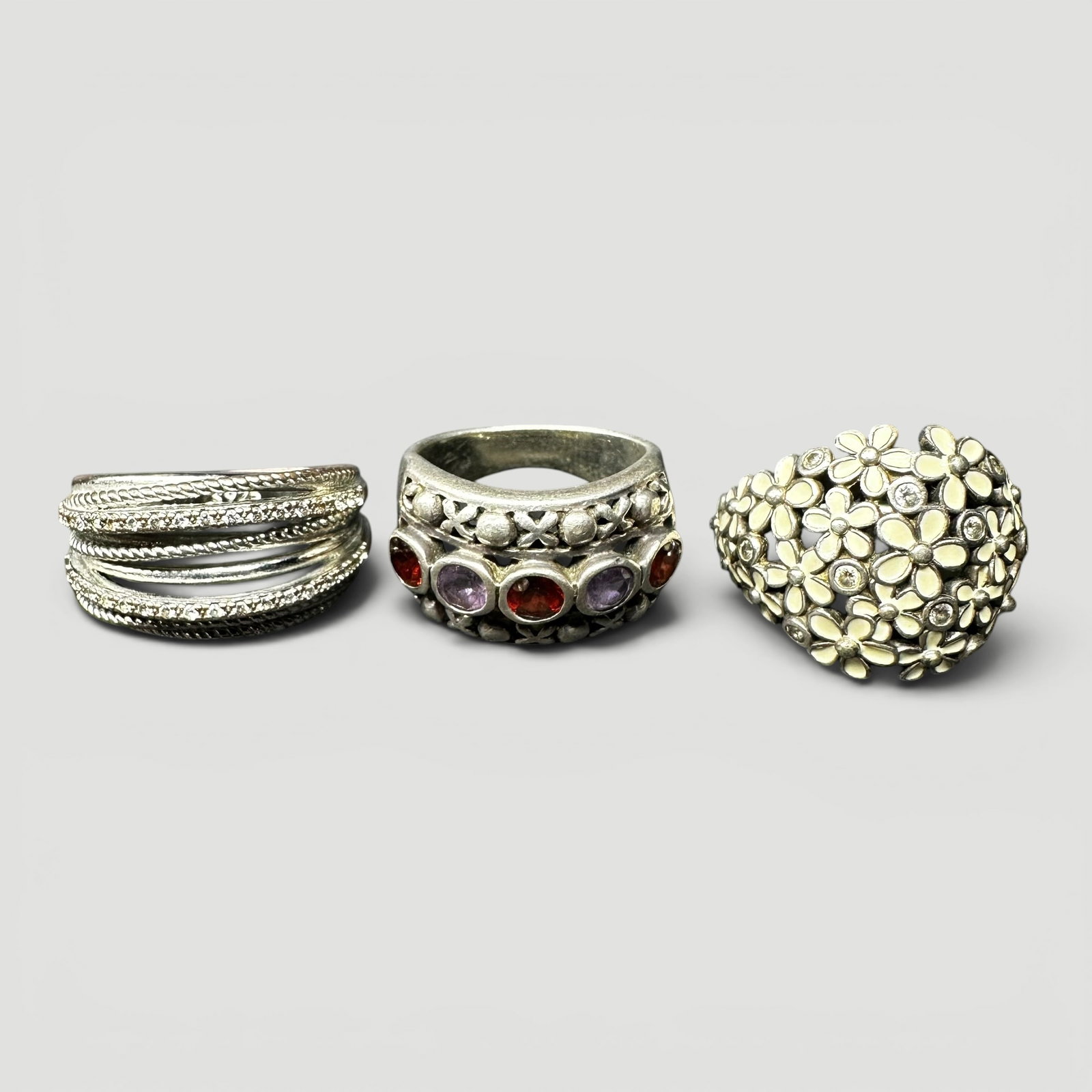 Sz6.5/Sz7.25/Sz8.5/22g 925 Sterling Silver Rhinestone Enamel Floral Ring Lot (1 of 12)