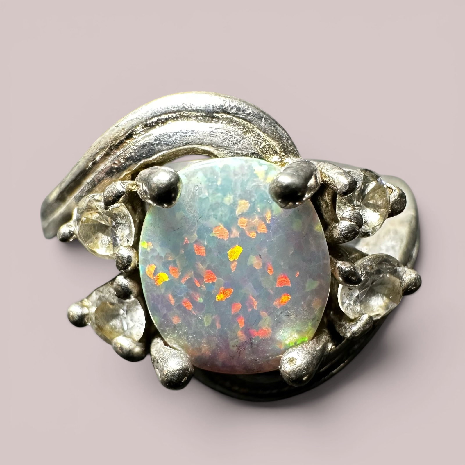 Sz7.75/4g 925 Sterling Silver Opal & Cubic Zirconia Ring (1 of 9)