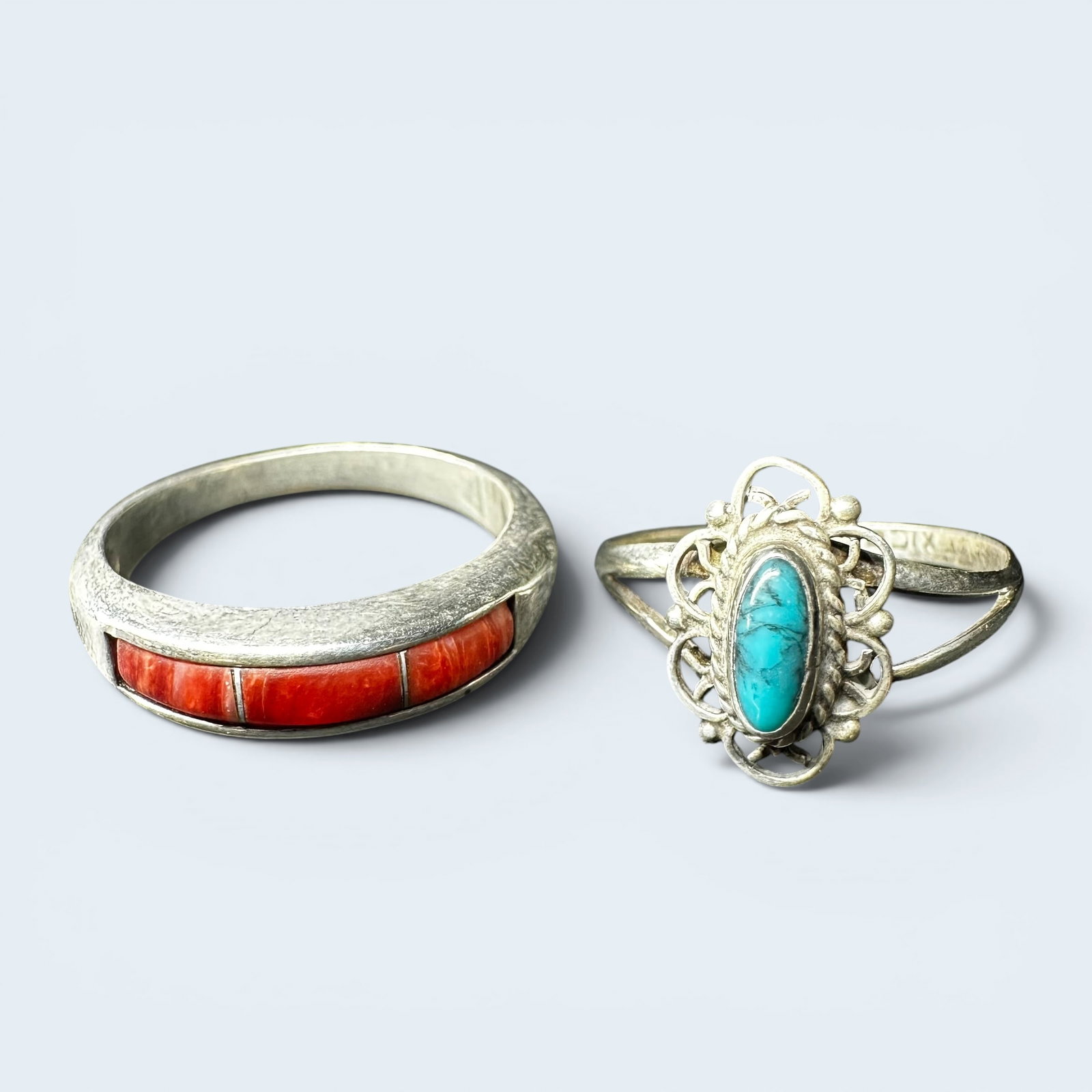 Sz8/Sz9/5g Native American Sterling Silver Coral Kingman Turquoise Ring Lot (1 of 13)