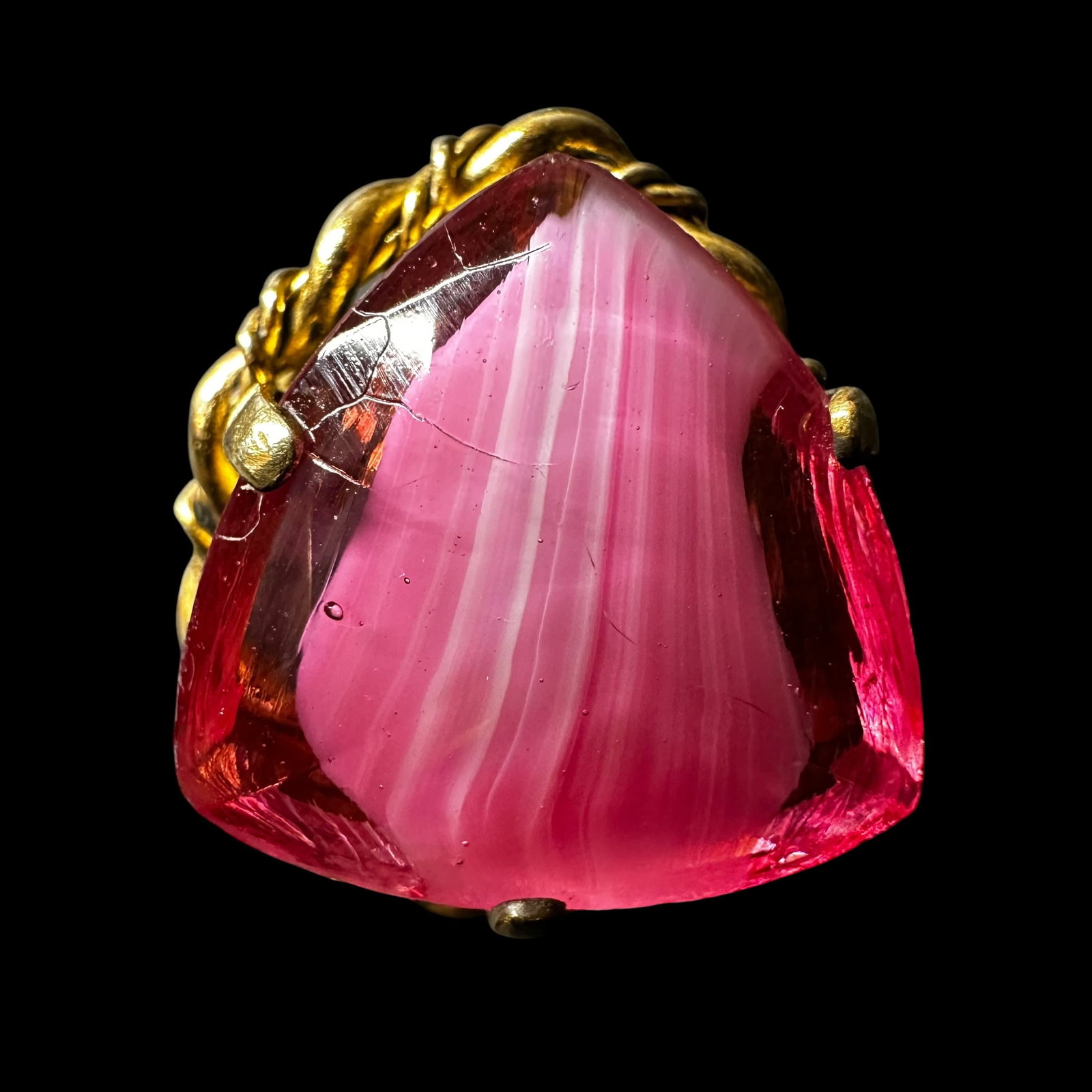 Sz7/8g West German Gold Tone Metal & Pink Glass Ring: Sz7/8g West German Gold Tone Metal & Pink Glass Ring:Brand/Model: Hallmarked “WEST GERMANY.”Manufacturer Location: West Germany.Year Produced: Vintage; likely mid to late 20th century.Conditio