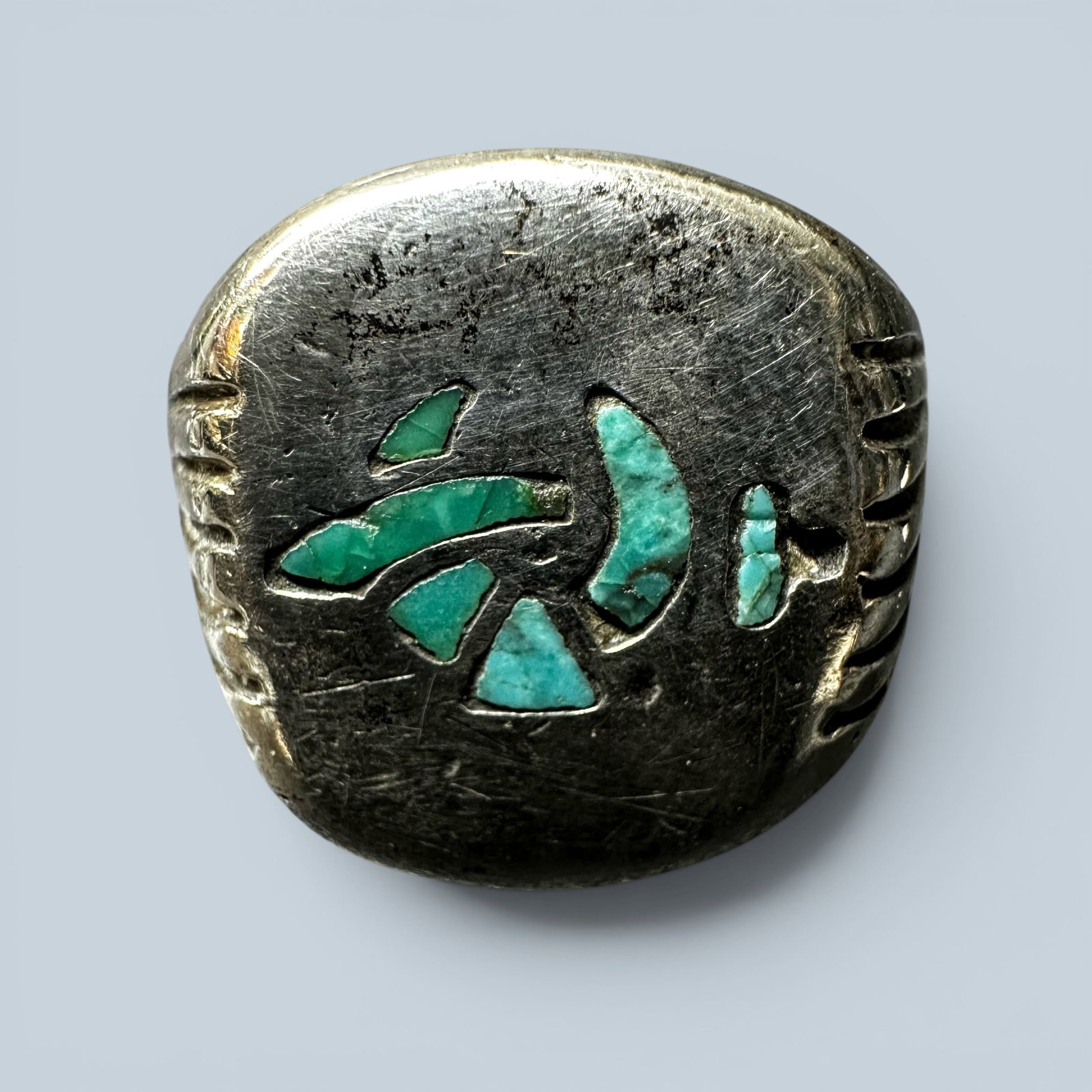 Sz10/14g Vintage Men's Native American Turquoise Inlay Ring (1 of 9)