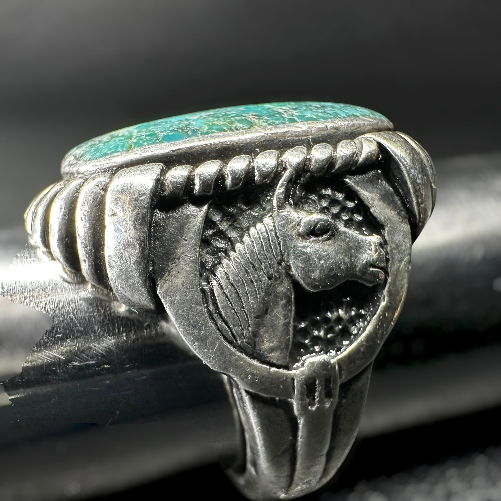 Sz11/20g Native American Sterling Silver Royston Turquoise Men's Horse Motif Ring: Sz11/20g Native American Sterling Silver Royston Turquoise Men's Horse Ring:Brand/Model: No hallmark.Manufacturer Location: United States.Year Produced: Unknown.Condition: Good vintage condition with 