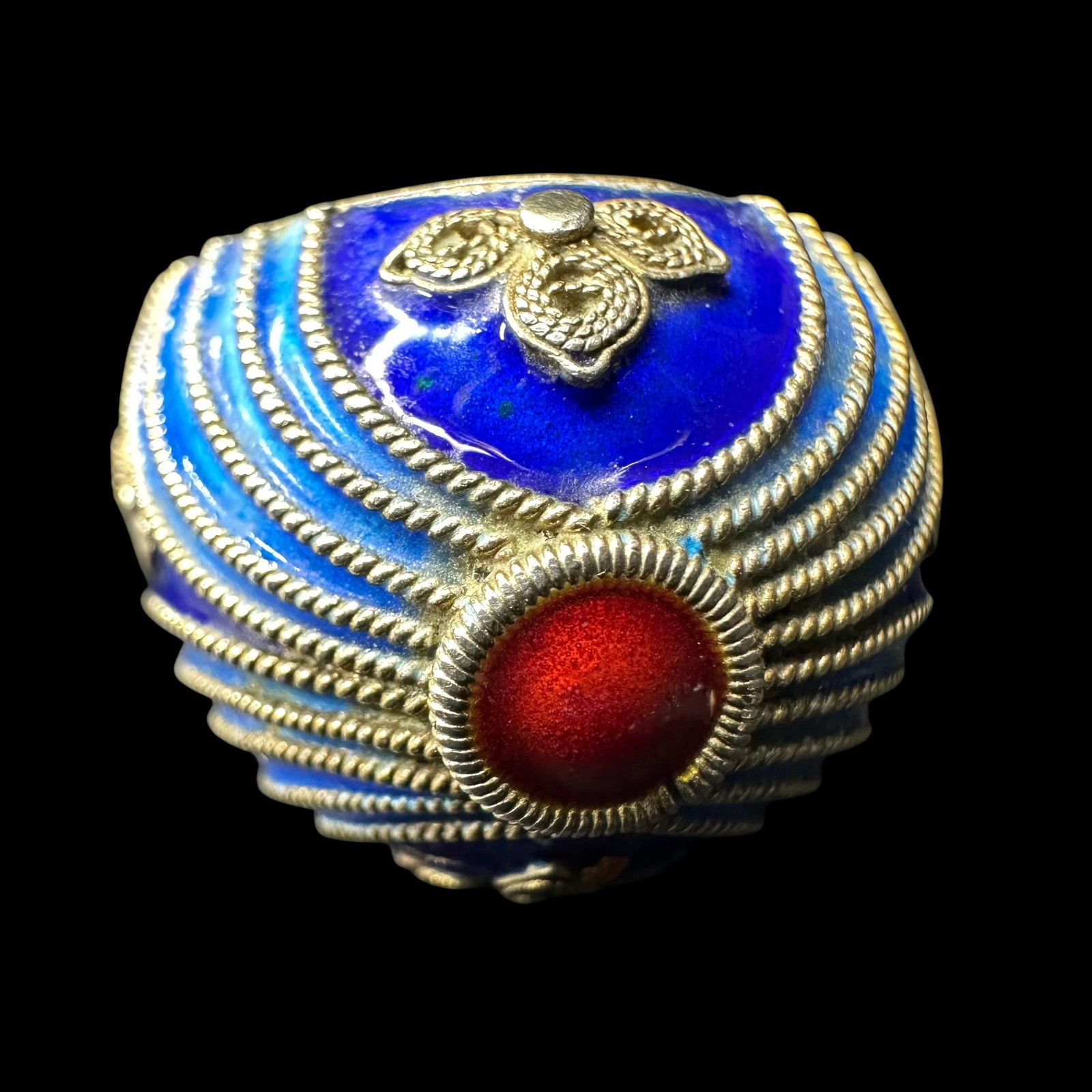 Sz5.75/Adjustable/7g Vintage Chinese Cloisonné Silver Cobalt Blue, Red, & Gold Enamel Ring (1 of 9)