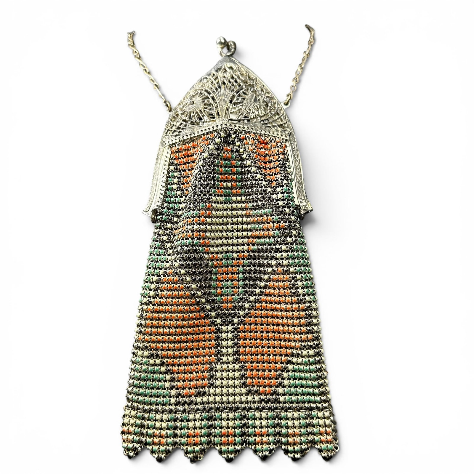 11”/93g Vintage Art Deco Enamel Metal Mesh Purse: 11”/93g Vintage Art Deco Enamel Metal Mesh Purse:Brand/Model: No hallmark.Manufacturer Location: Unknown.Year Produced: Unknown; likely early to mid 20th century.Condition: Good vintage conditio