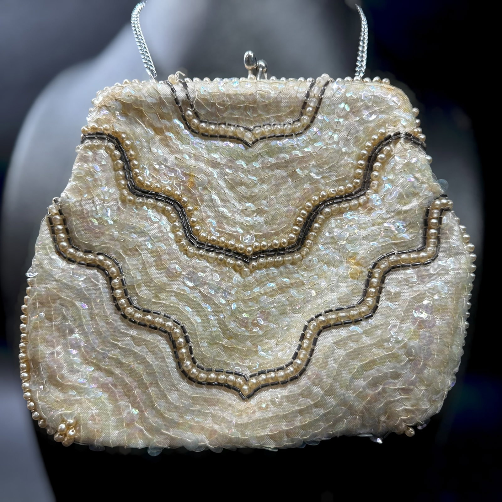 18” Vintage Sequin & Faux Pearl Purse: 18” Vintage Sequin & Faux Pearl Purse:Brand/Model: Handmade N.K.K.Manufacturer Location: Japan.Year Produced: Unknown; likely mid to late 20th century.Condition: Good vintage condition with loos