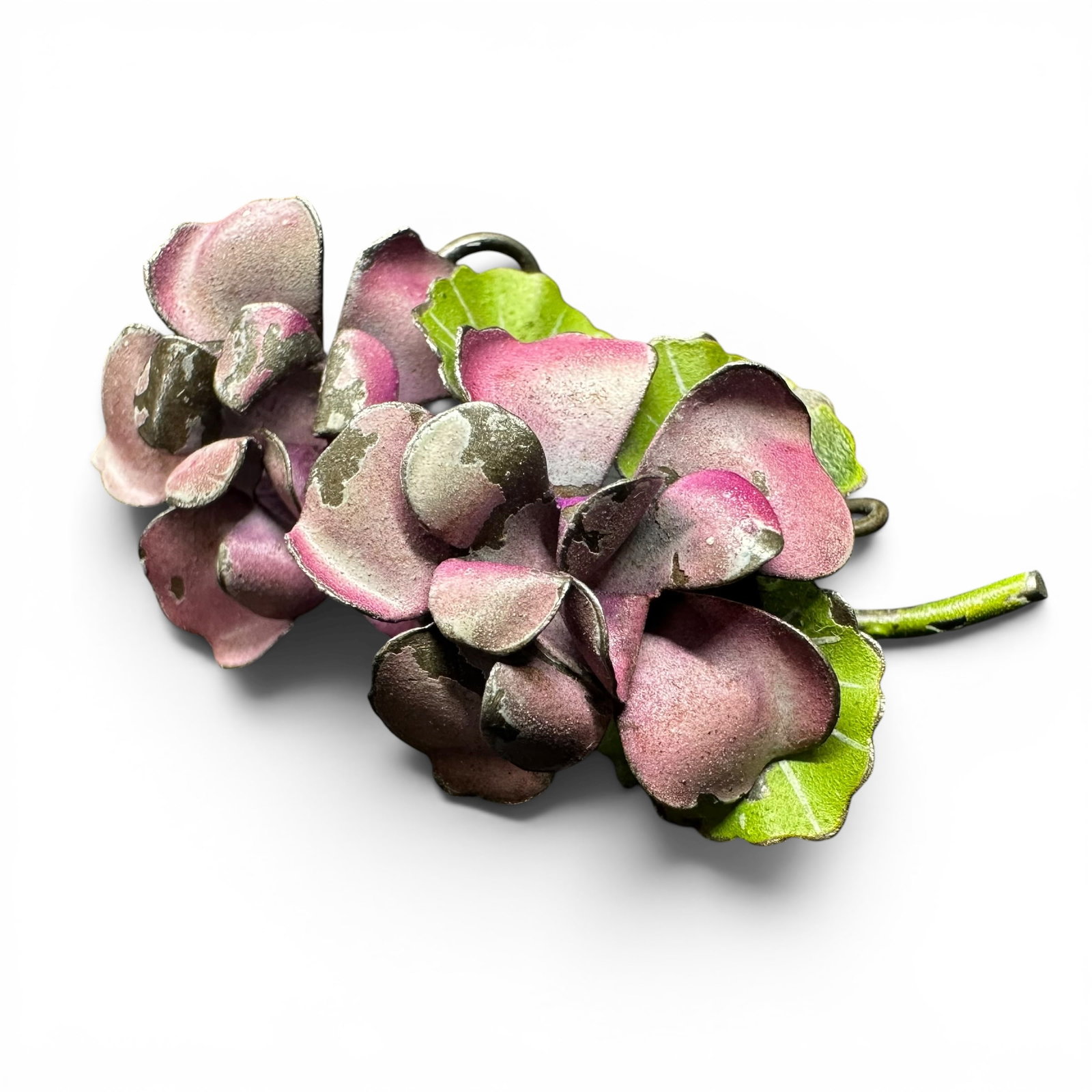 3g Vintage Pink Enameled Floral Brooch: 3g Vintage Enameled Floral BroochBrand/Model: No hallmark.Manufacturer Location: Unmarked.Year Produced: Unknown; likely mid 20th century.Condition: Good vintage condition with enamel loss, surface we