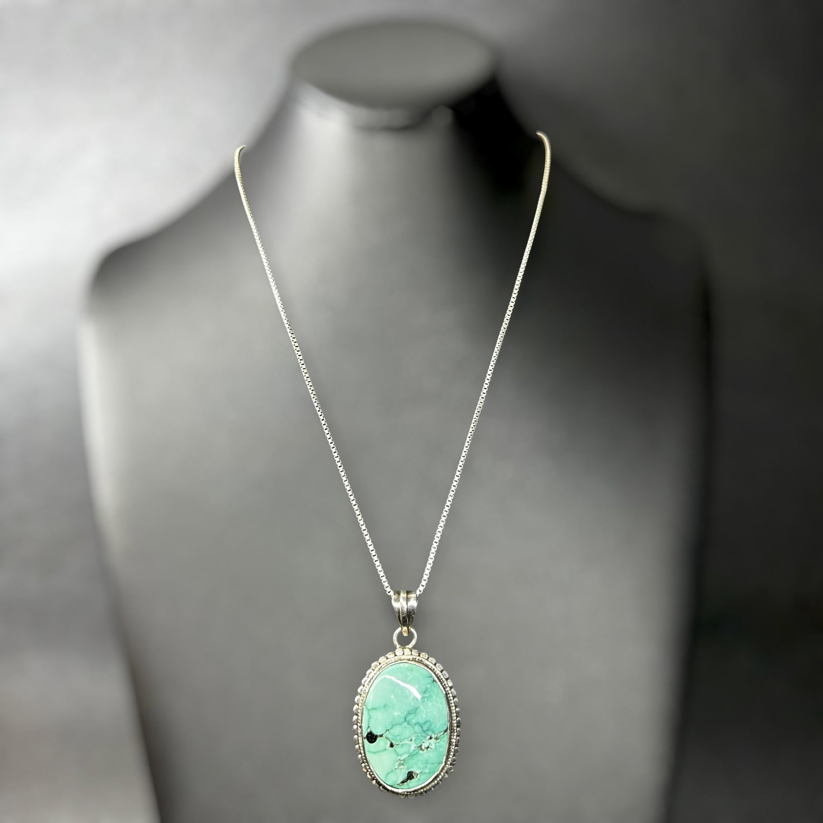 18”/24g 925 Sterling Silver Carico Lake Turquoise Pendant Necklace: 18”/24g 925 Sterling Silver Carico Lake Turquoise Pendant Necklace:Brand/Model: No hallmark. Pendant marked “925.” Chain marked “925 ITALY.”Manufacturer Location: Pendant unmarke