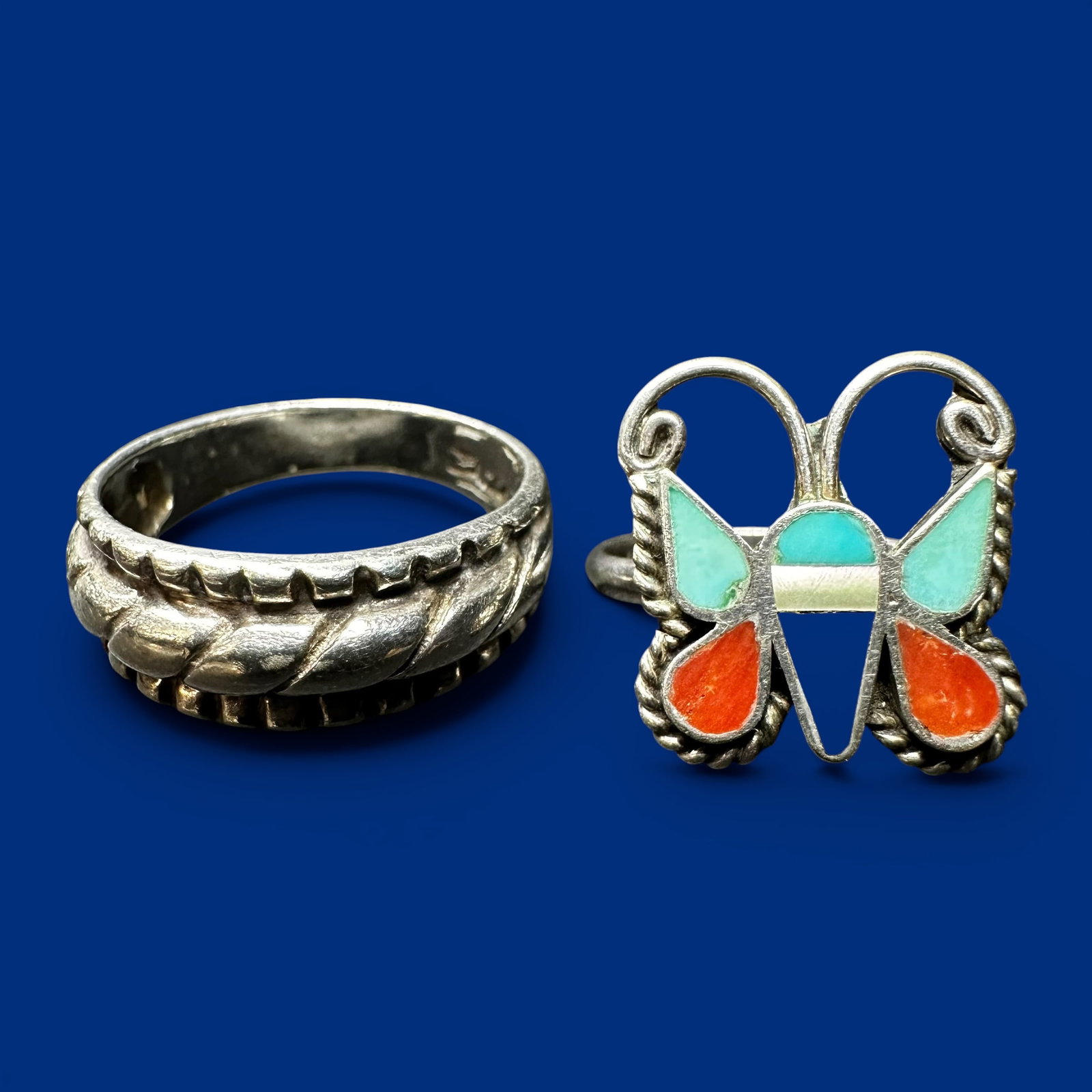 Sz5.5/Sz7.25/16g Native American Multi-Stone Inlay Butterfly Ring Lot: Sz5.5/Sz7.25/16g Native American Multi-Stone Inlay Butterfly Ring Lot:Brand/Model: No hallmark. Native American artisan rings.Manufacturer Location: Unmarked.Year Produced: Unknown.Condition: Overall 