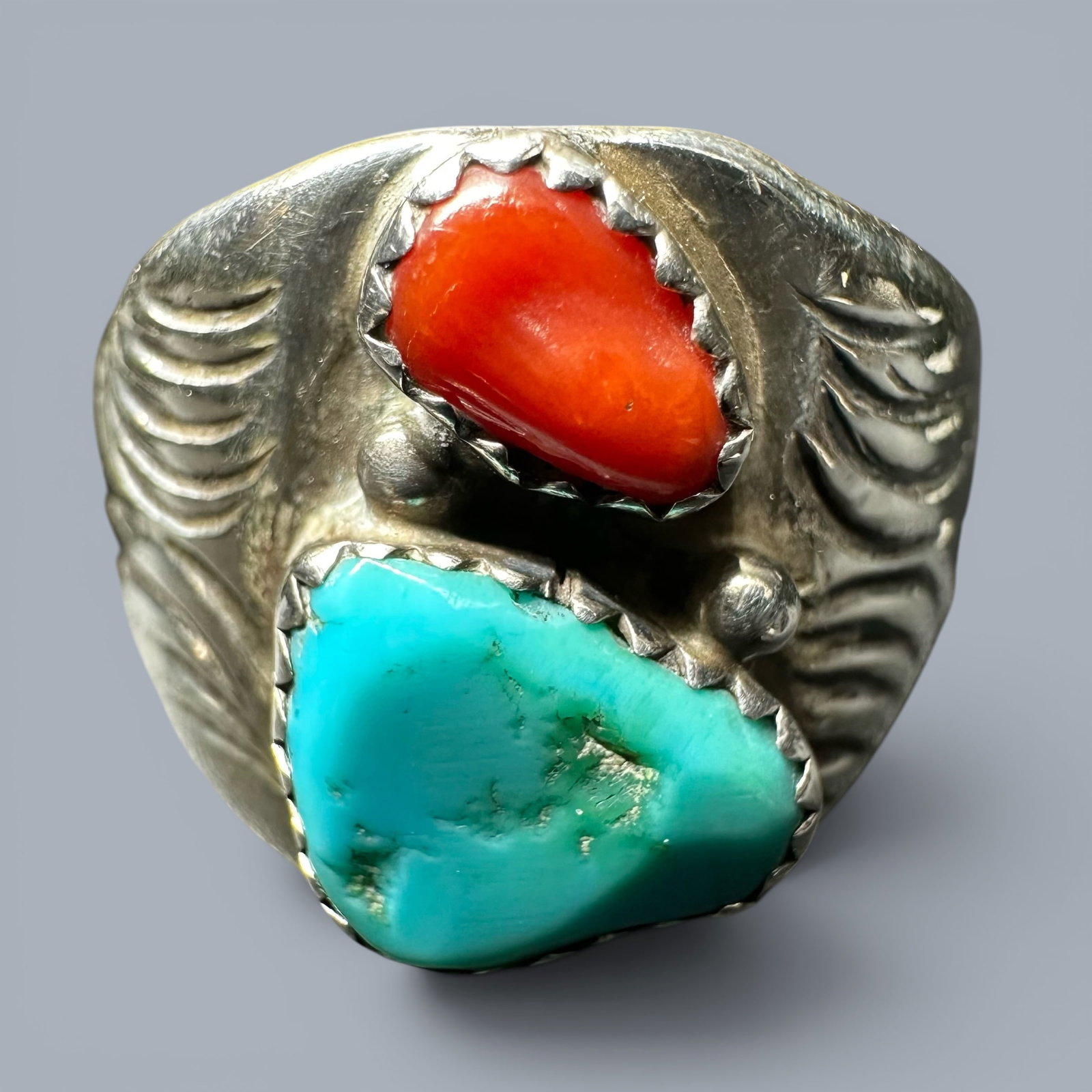 Sz12.75/9g Native American Sleeping Beauty Turquoise Coral Ring (1 of 9)