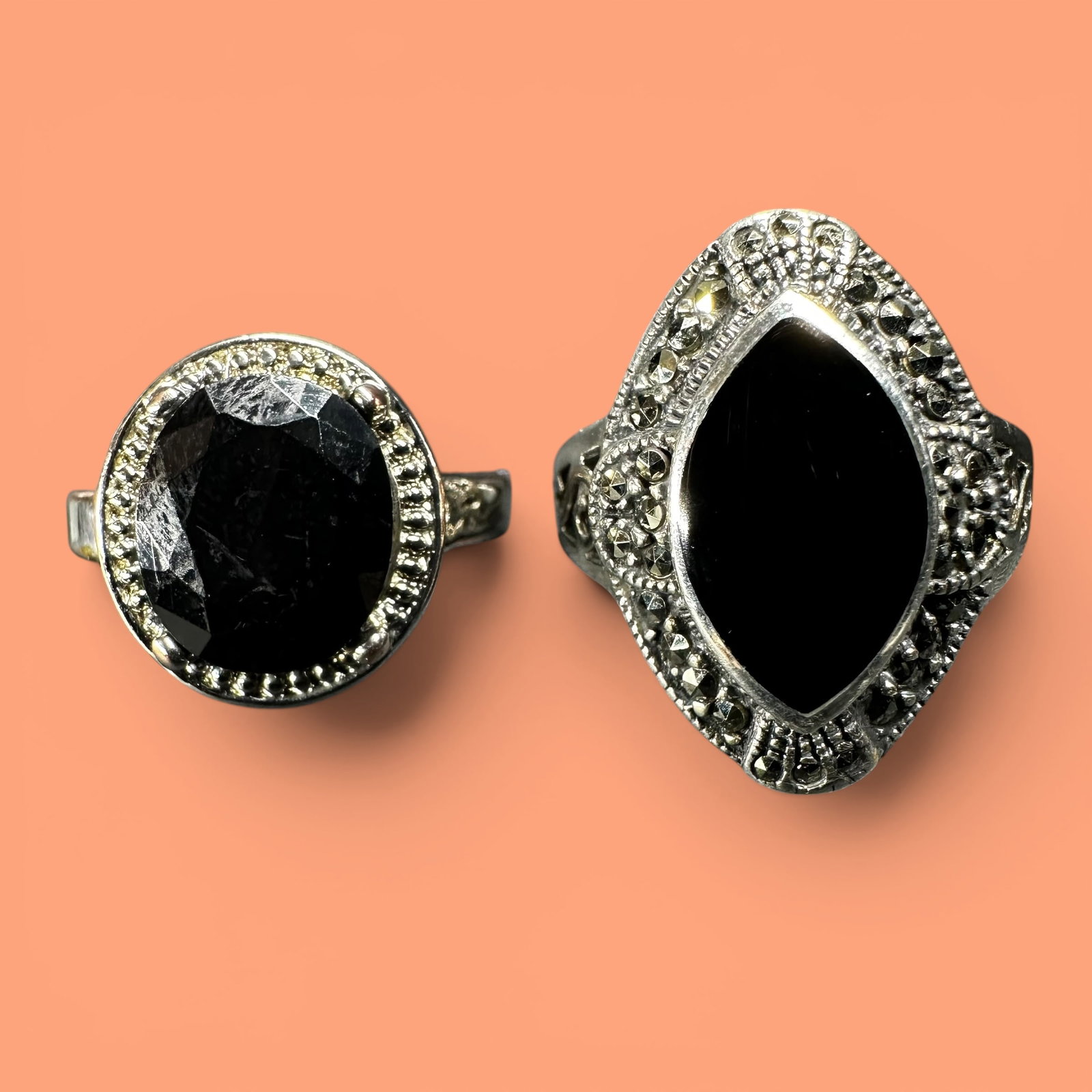 Sz8.75/Sz11/12g Sterling Silver Onyx Garnet Marcasite Ring Lot (1 of 13)
