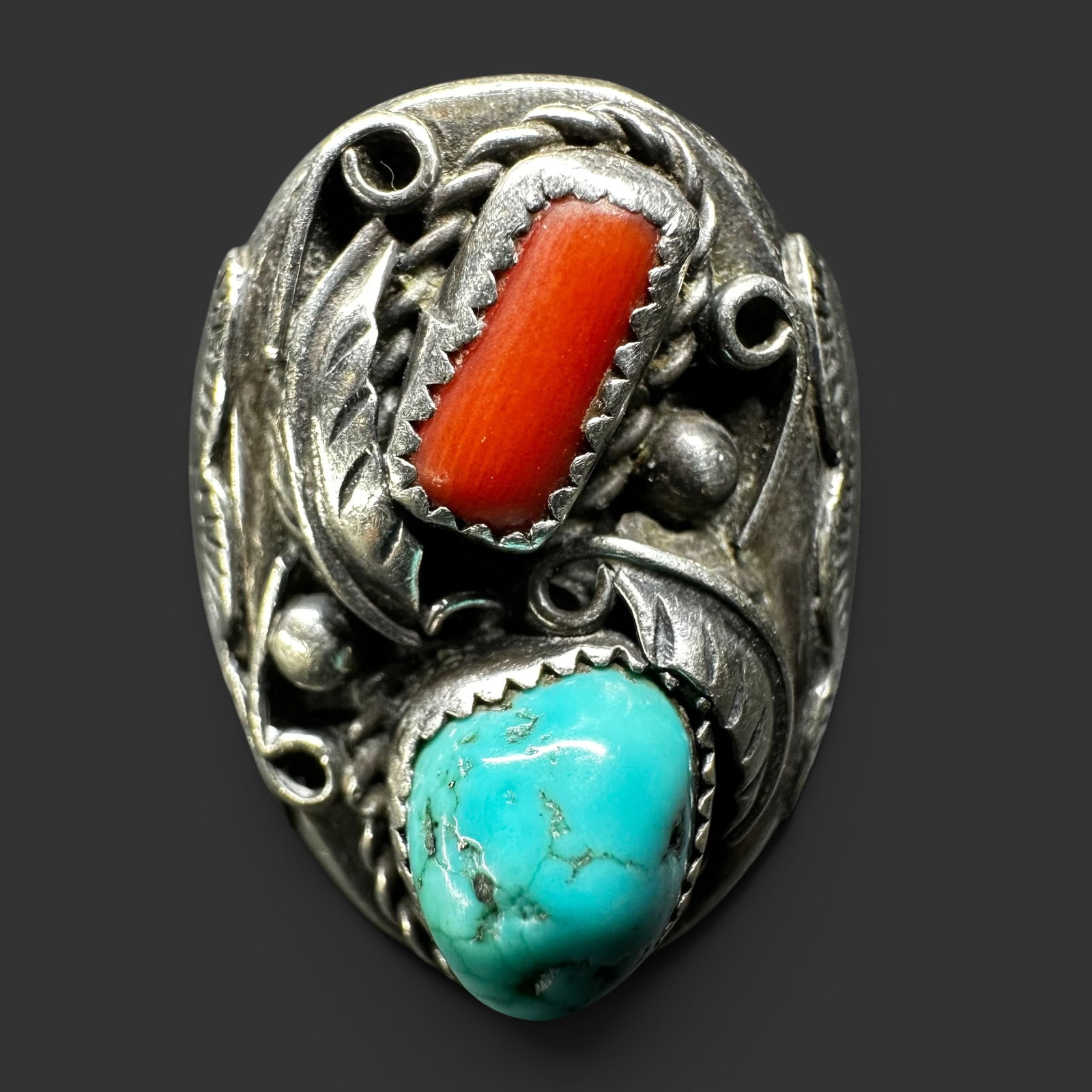 Sz11/22g Native American Sterling Silver Kingman Turquoise Coral Ring (1 of 9)