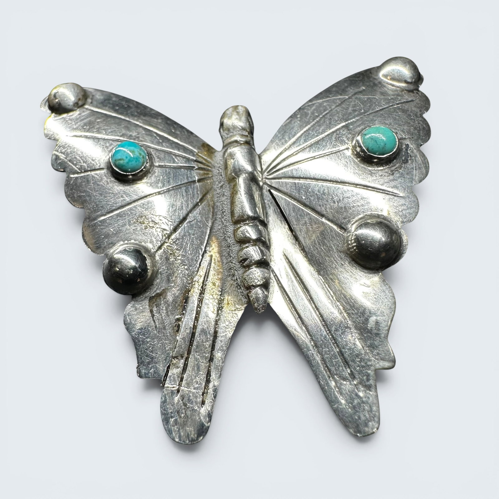 5g Mexico Sterling Silver Turquoise Butterfly Brooch: 5g Mexico Sterling Silver Turquoise Butterfly BroochBrand/Model: Hallmarked “STERLING MEXICO.”Manufacturer Location: Mexico.Year Produced: Unknown; likely mid to late 20th century.Condition: O