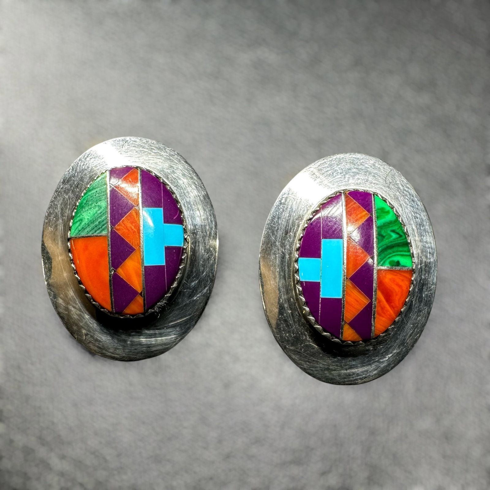 8g Native American Navajo Jason Livingston Sterling Silver Composite Inlay Earrings (1 of 7)