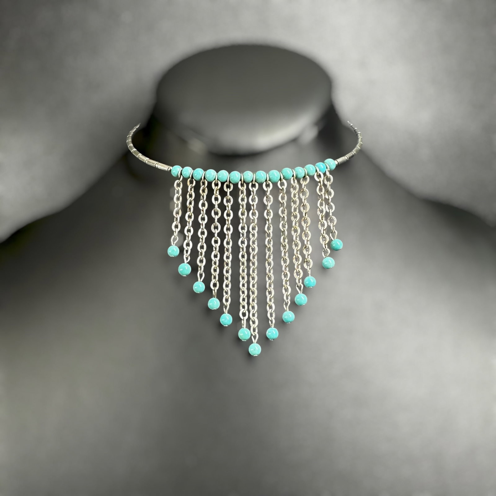 14g Relios 925 Sterling Silver Waterfall Fringe Turquoise Beaded Choker: 14g Relios 925 Sterling Silver Waterfall Fringe Turquoise Beaded Choker:Brand/Model: Maker's mark; “R” with crescent moon logo, “.925” with copyright symbol. Relios, Inc.Manufacturer L