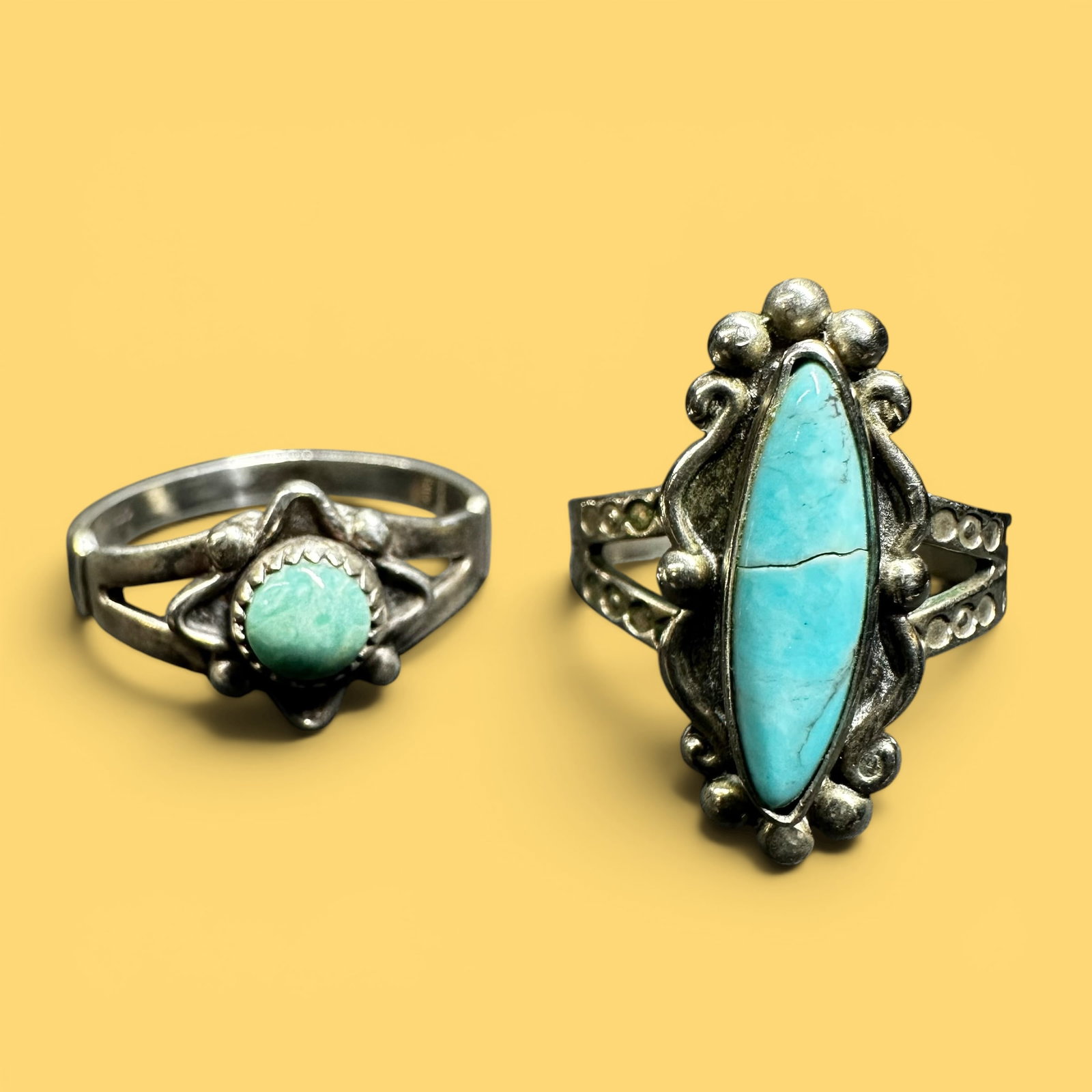Sz4.75/Sz7/5g Vintage Fred Harvey Era Sterling Silver Turquoise Ring Lot: Sz4.75/Sz7/5g Vintage Fred Harvey Era Sterling Silver Turquoise Ring Lot:Brand/Model: One ring hallmarked “STERLING.” One ring marked “925.” Fred Harvey Era style Native American rings