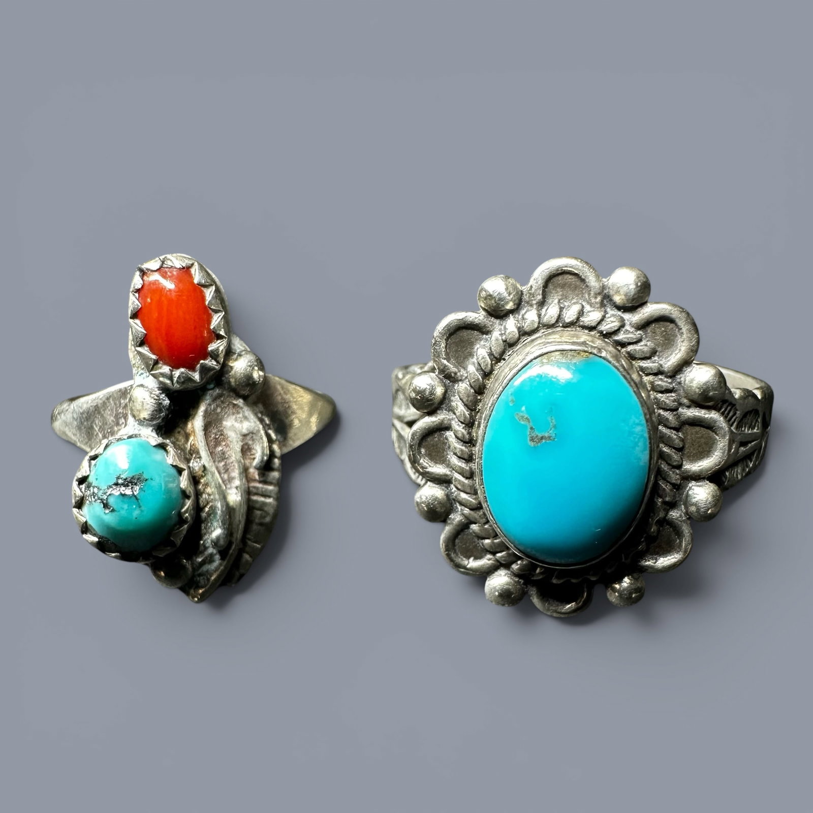 Sz2.25/Sz6.75/5g Navajo Popovitch Sterling Silver Turquoise Coral Ring Lot (1 of 13)