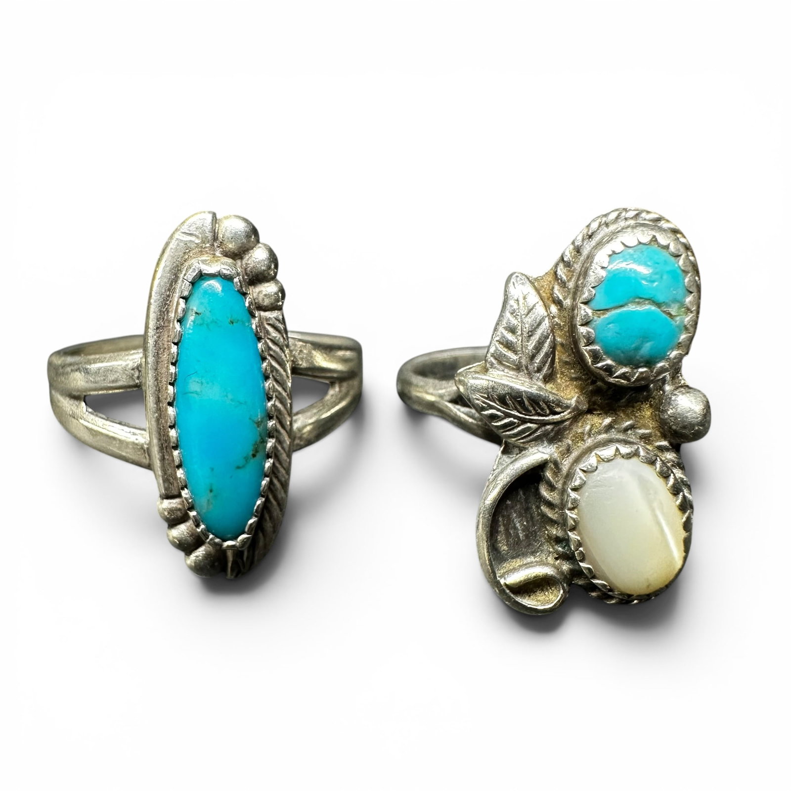 Sz4.25/Sz6.5/6g Native American Sterling Silver Turquoise Mother of Pearl Ring Lot: Sz4.25/Sz6.5/6g Native American Sterling Silver Turquoise Mother of Pearl Ring Lot:Brand/Model: One ring hallmarked “STERLING.” One ring has no hallmark.Manufacturer Location: Southwestern Uni