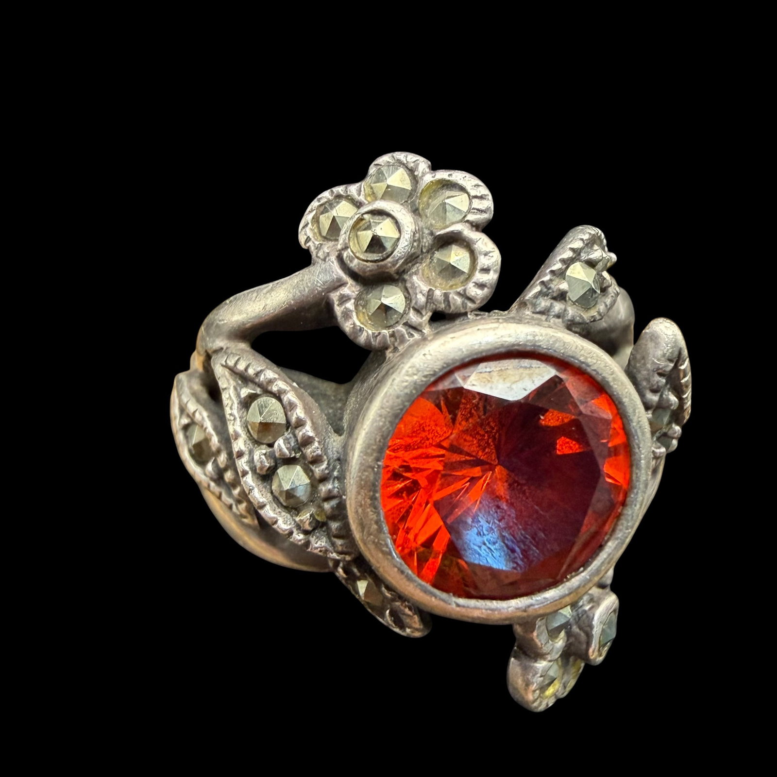 Vintage Sterling Silver Marcasite Red Stone Fashion Ring Sz 5.75 6.72g 925: Maker:Unmakred, unknown. / Material: Sterling Silver. / Stone: Unknown red center stone, marcasite. / Size: 5.75. Face measures 3/4” wide. / Weight: 6.72 grams. / Condition: Ready to wear and en