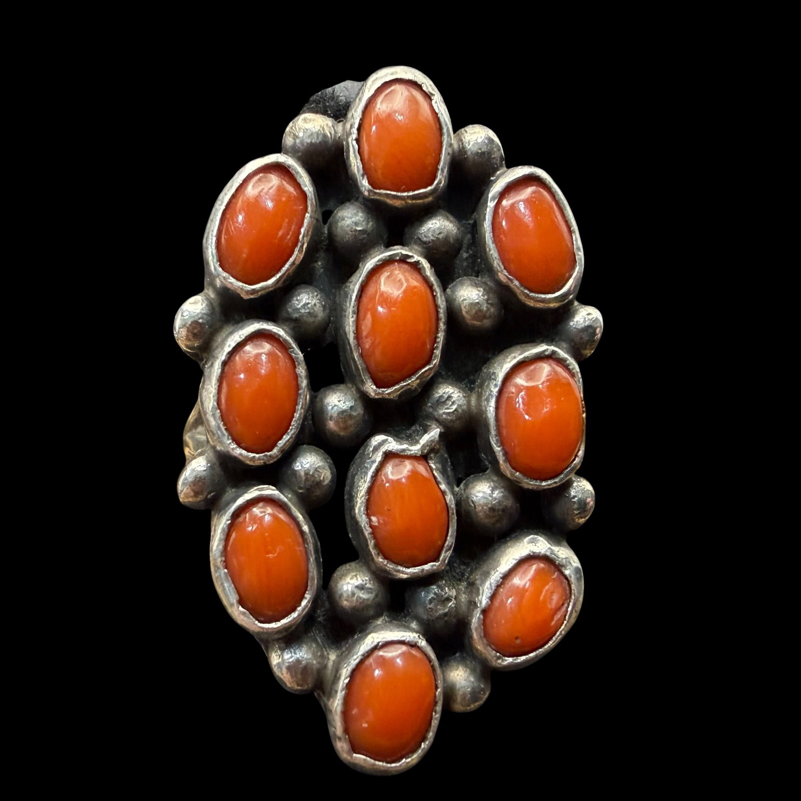 Native American Sterling Silver Coral Old Pawn Ring Sz 6.5 10.18g 925: Maker: Unmarked, likely Old Pawn. / Material: Sterling Silver. / Stone: Coral. / Size: 6.5. Face measures 1 1/4” x 13/16”. / Weight: 10.18 grams. / Condition: Excellent, ready to wear and 