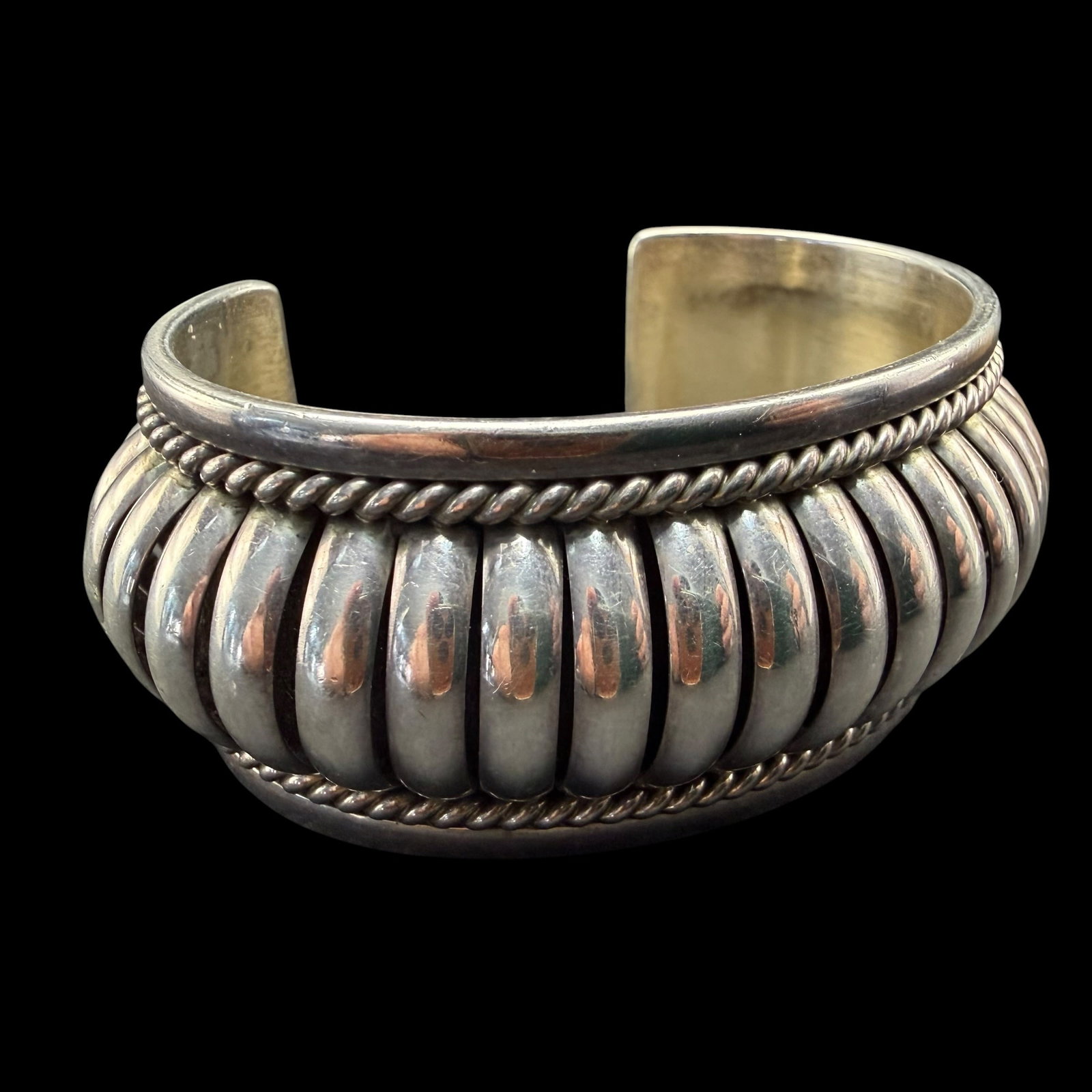 Native American Sterling Silver Tommie Charlie Navajo Cuff Bracelet Heavy 76.07g 925: Maker: Tommie Charlie, Navajo. / Material: Sterling Silver. / Stone: None. / Size: Opening measures 6cm x 4.5cm, no flex. Band is 1 3/16” wide. / Weight: 76.07 grams. / Condition: Excellent, rea