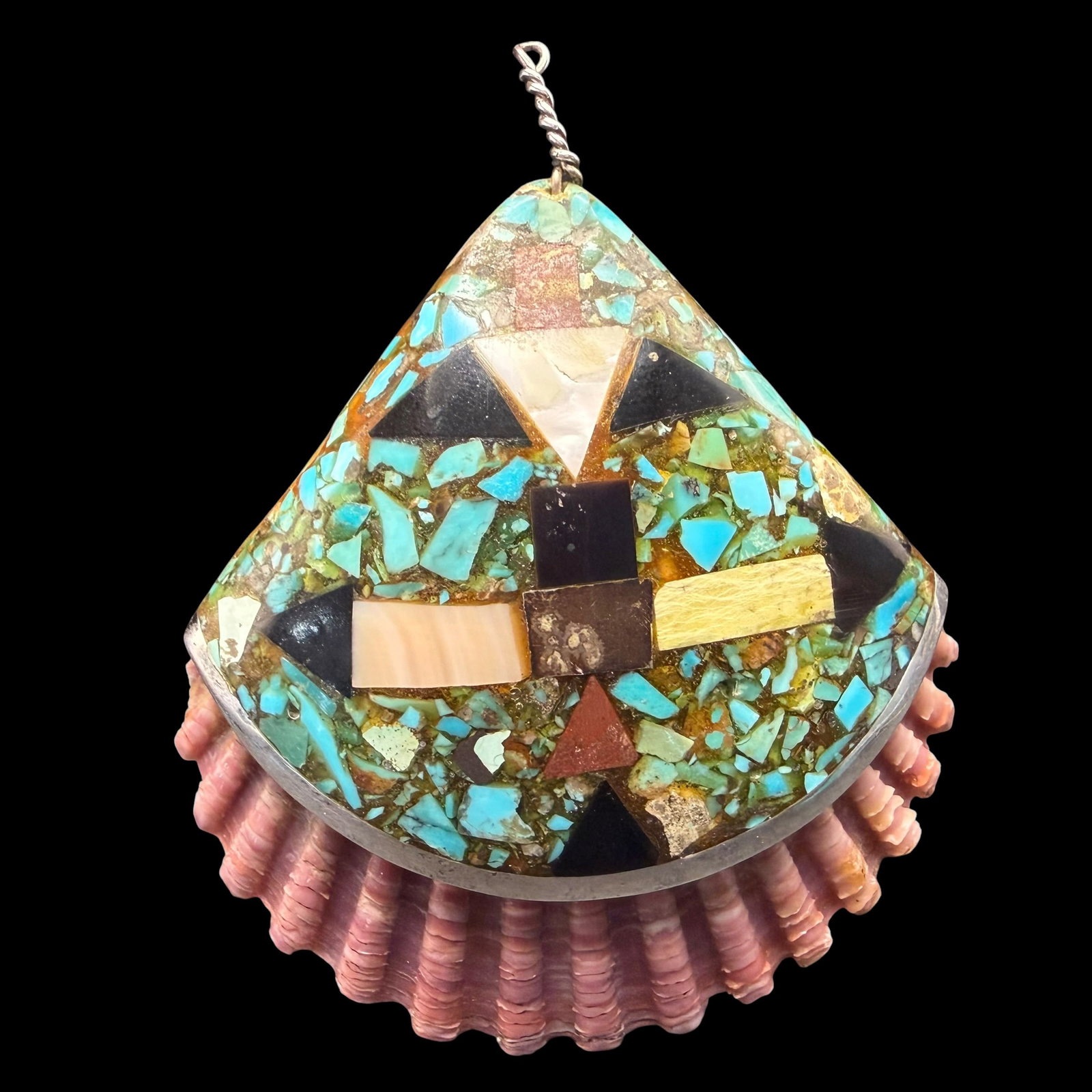 Vintage Native American Santa Domingo Oyster Shell Mosaic Necklace Pendant Turquoise Silver MOP: Maker: Marked as shown, unable to identify. / Material: Spiny Oyster shell with multi stone mosaic, including what I believe to be Sterling Silver on the edge and at the center. Stones include Turquoi