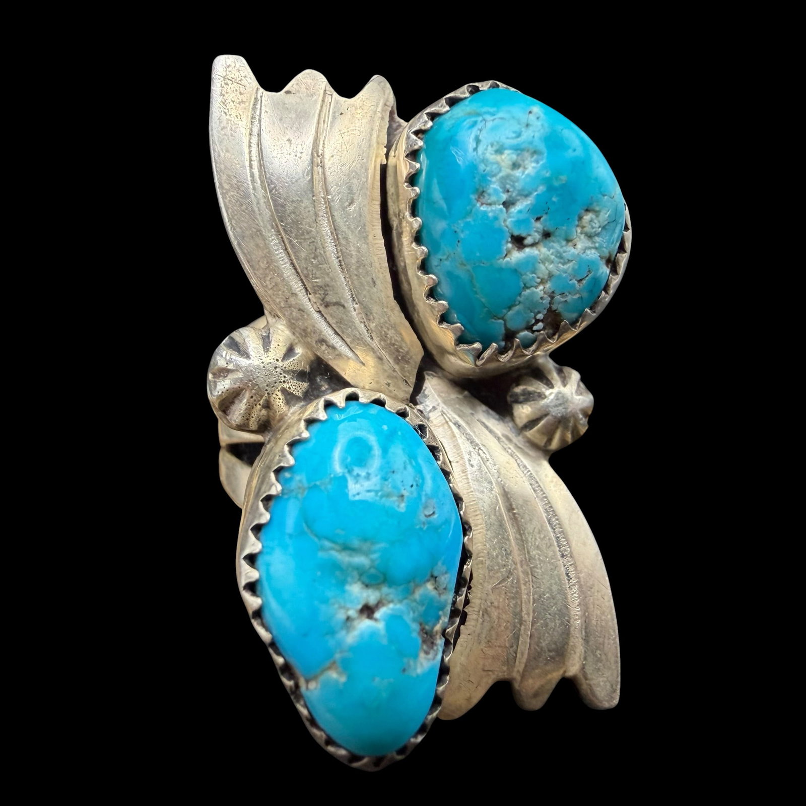 Vintage Native American Sterling Silver Turquoise Old Pawn Ring Sz 6.5 9.22g 925: Maker: Unmarked, likely Old Pawn. / Material: Sterling Silver. / Stone: Turquoise. / Size: 6.5. Face measures 1 1/4” x 7/8”. / Weight: 9.22 grams. / Condition: Excellent, ready to wear and