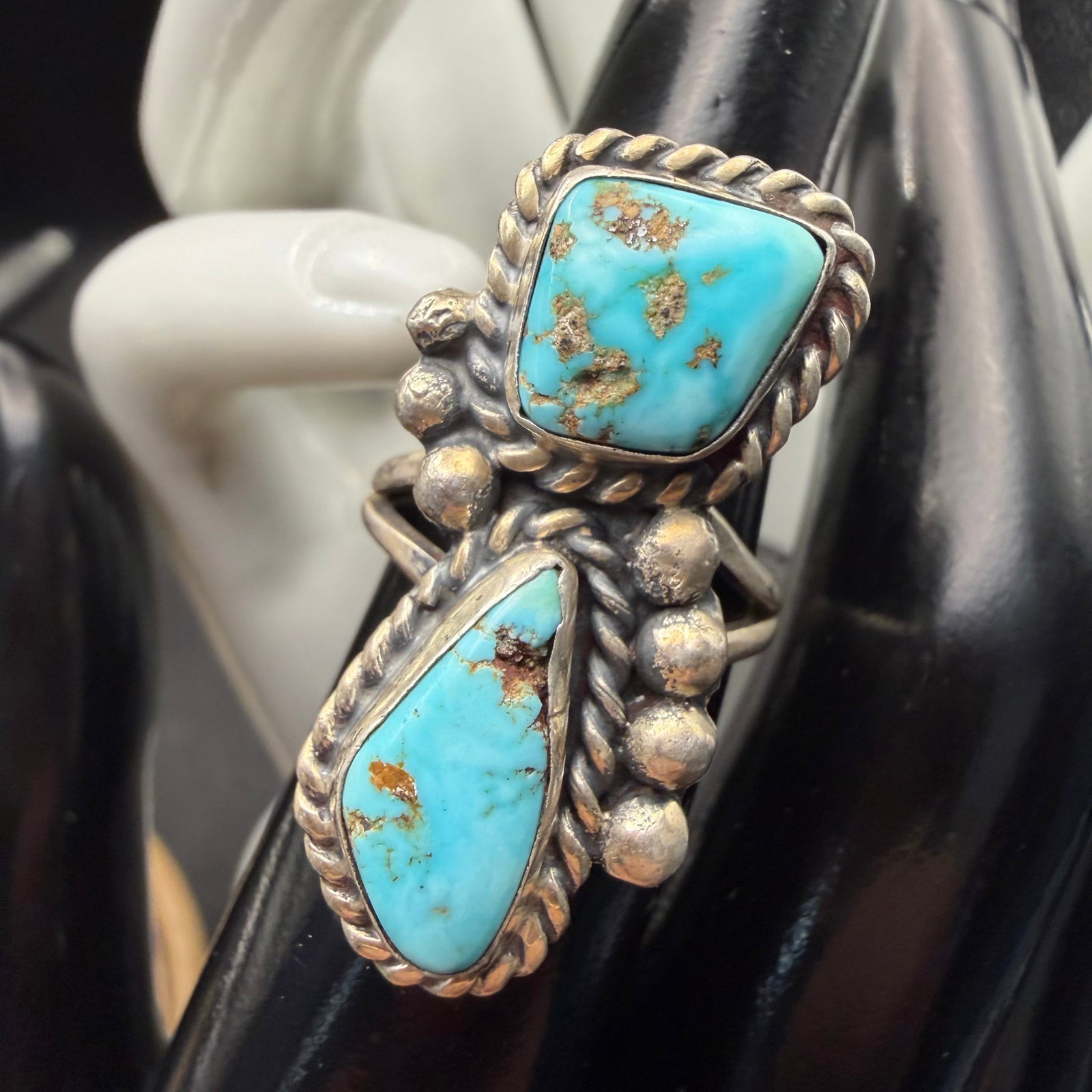 Vintage Native American Sterling Silver Turquoise Old Pawn Ring Sz 5.75 7.05g 925: Maker: Unmarked, likely Old Pawn. / Material: Sterling Silver. / Stone: Turquoise. / Size: 5.75. Face measures 1 1/4” x 5/8”. / Weight: 7.05 grams. / Condition: Excellent, ready to wear an