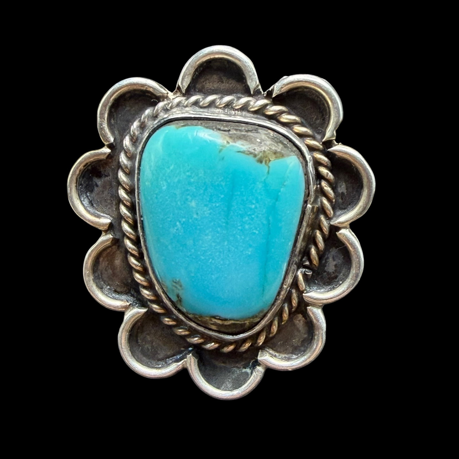 Vintage Sterling Silver Turquoise Native American Old Pawn Ring Sz 8 7.36g 925: Maker: Unmarked, likely Old Pawn. / Material: Sterling Silver. / Stone: Turquoise. / Size: 8. Face measures 1 1/16” x 15/16”. / Weight: 7.36 grams. / Condition: Excellent, ready to wear an