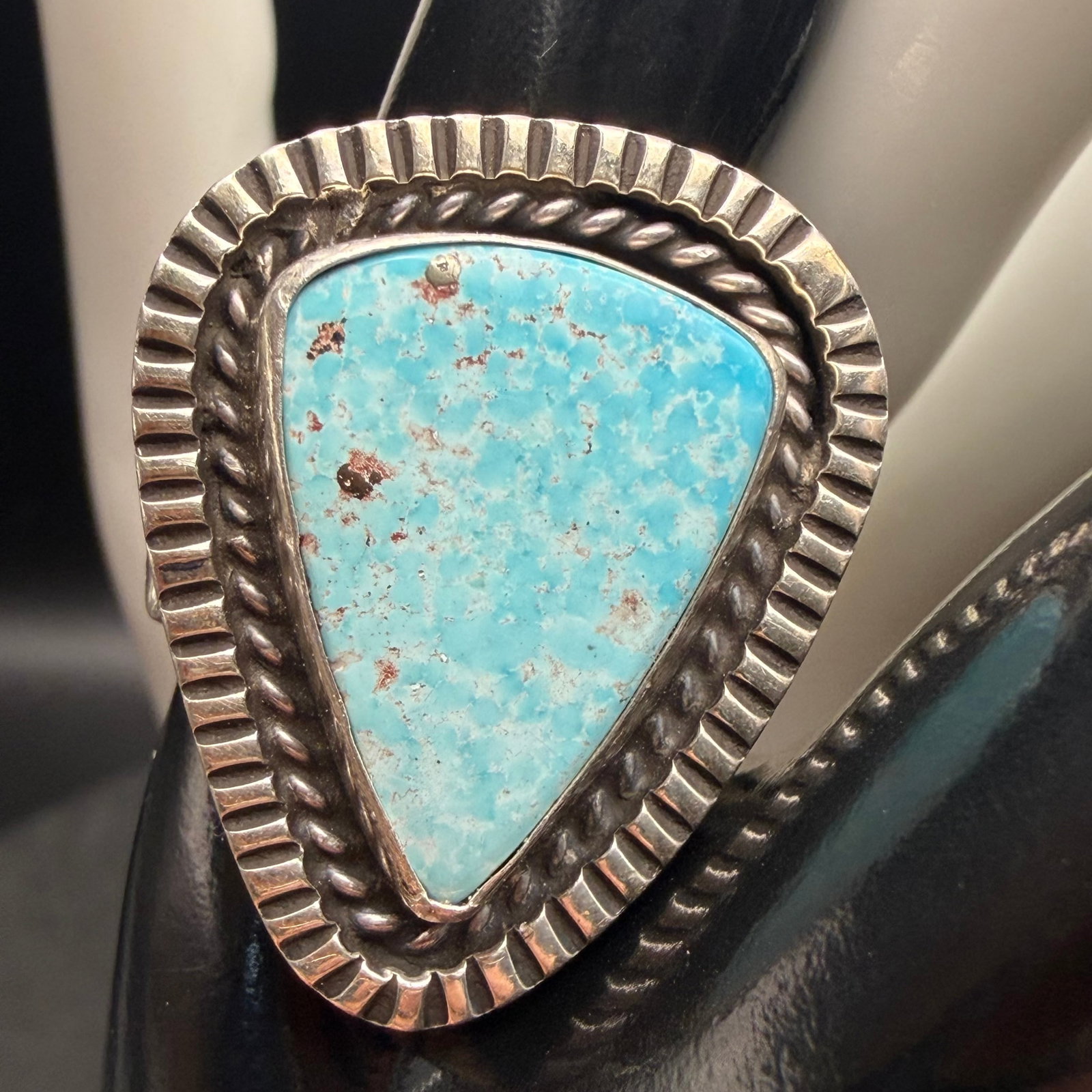 Vintage Native American Sterling Silver Turquoise Ring Signed HJ Sz 13 17.27g 925: Maker: Marked as shown, HJ. Unknown. / Material: Sterling Silver. / Stone: Turquoise. / Size: 13. Face measures 1 1/4” x 1”. / Weight: 17.27 grams. / Condition: Excellent, ready to wear an